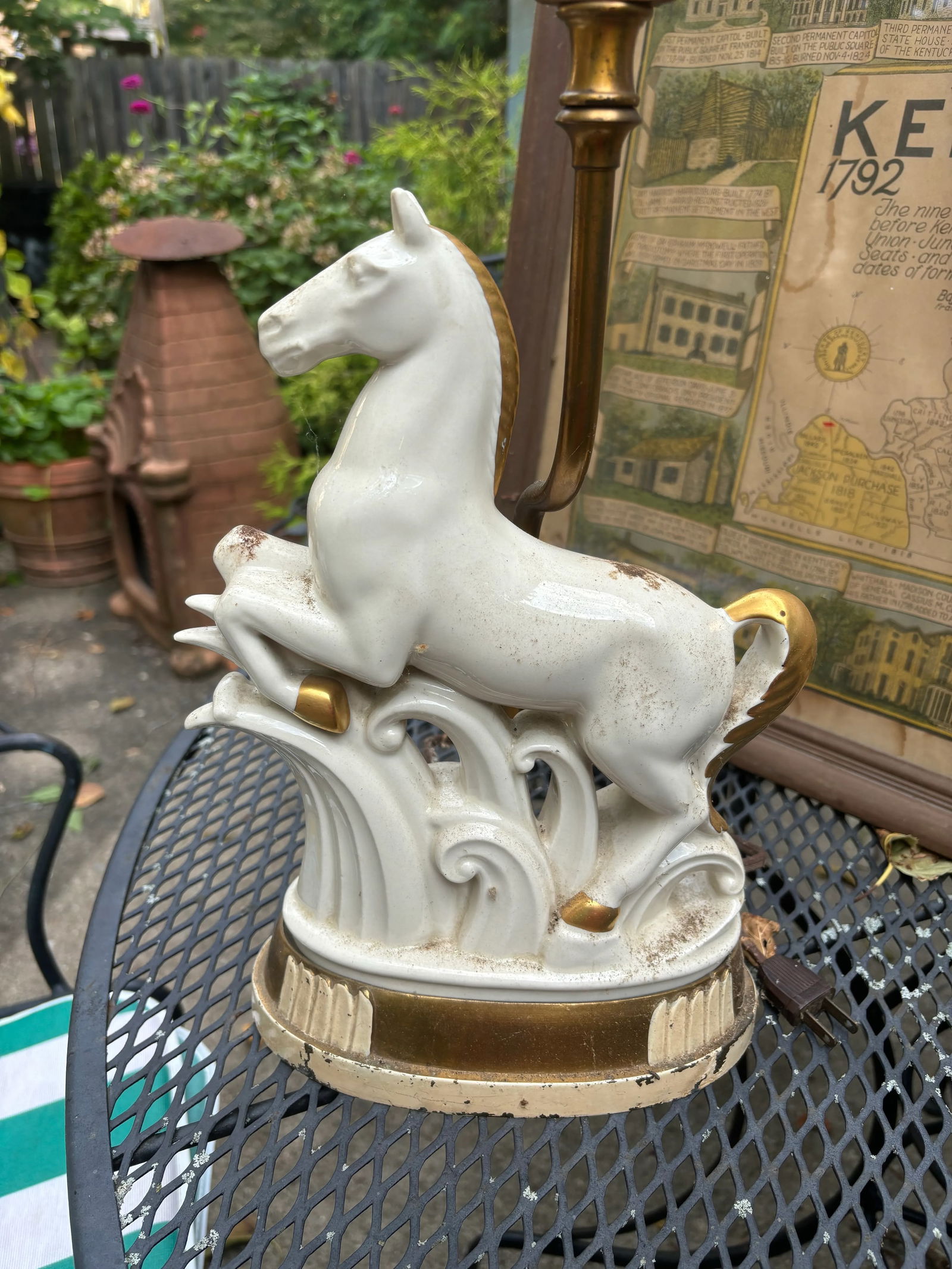 Vintage Art Deco White Gold Porcelain Horse Sculpture Lamp - 7