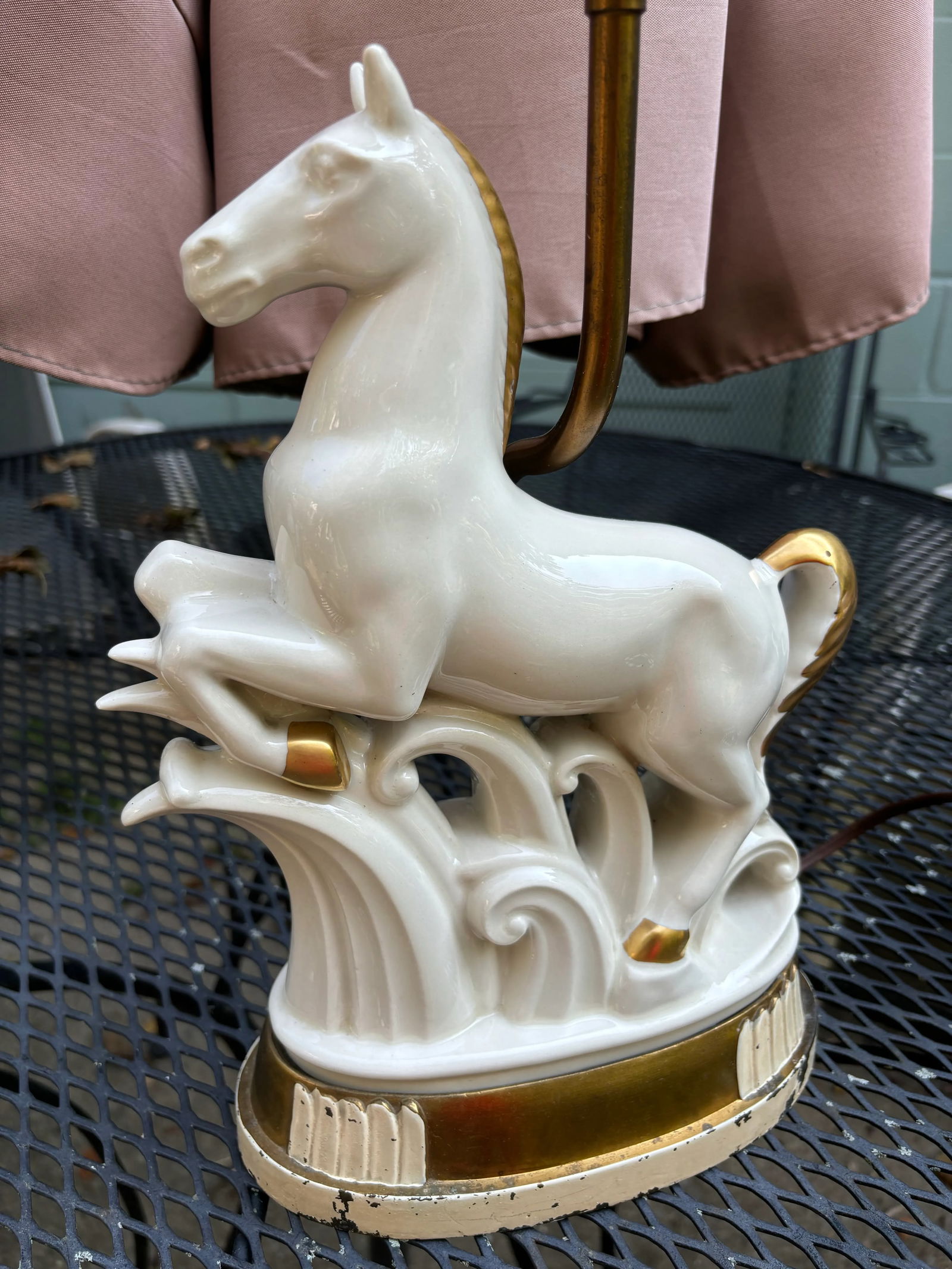 Vintage Art Deco White Gold Porcelain Horse Sculpture Lamp - 9