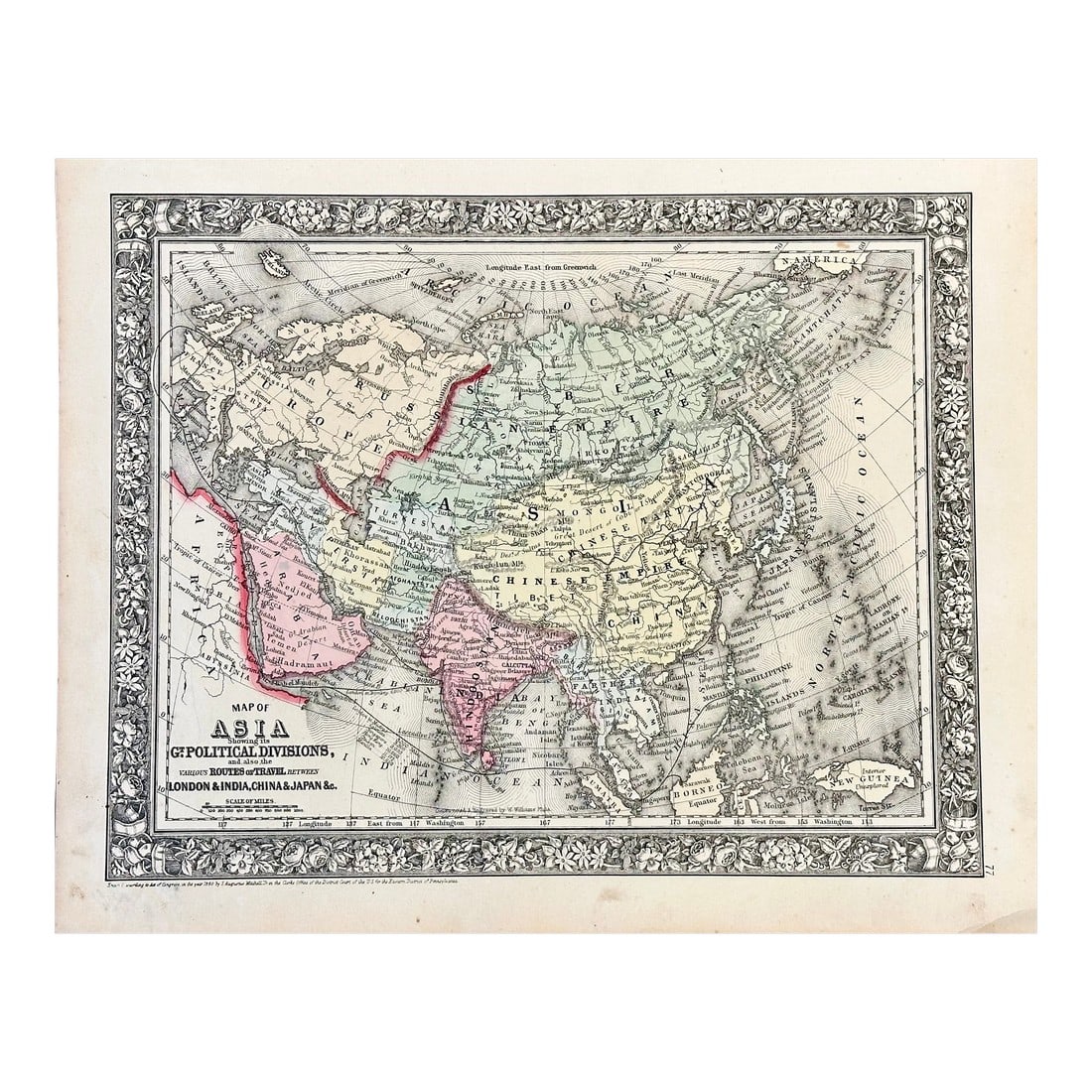 1860 Asia by Samuel Mitchell, Unframed: Original steel engraving of Asia showing travel routes London, India, China & Japan. Published by Samuel Augustus Mitchell, 1860. Unframed. Dimensions: 15.25 x 12" Condition: Alterations: