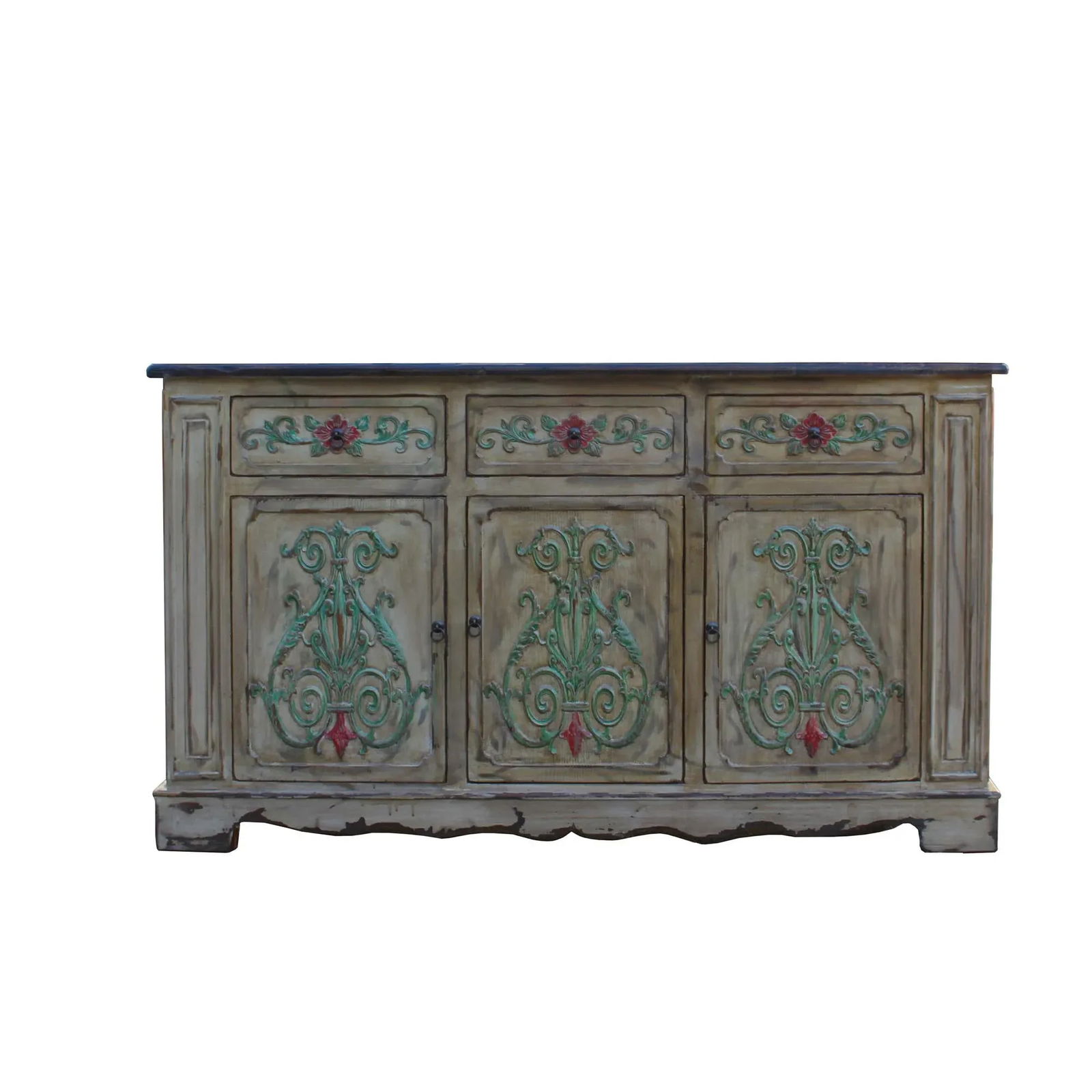 Relief Flower Motif Distressed Cream Yellow White Sideboard Table Cabinet - 10