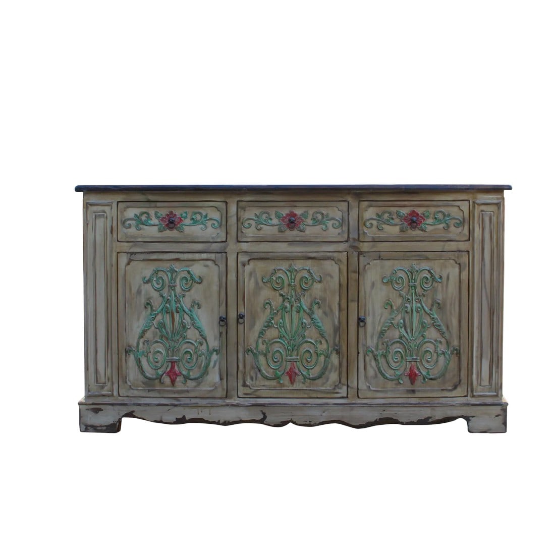 Relief Flower Motif Distressed Cream Yellow White Sideboard Table Cabinet (1 of 10)