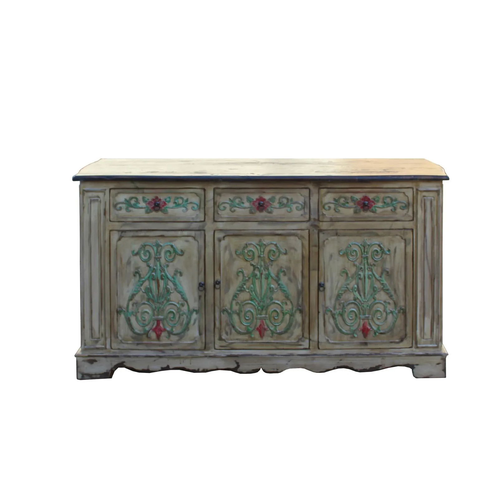 Relief Flower Motif Distressed Cream Yellow White Sideboard Table Cabinet - 2