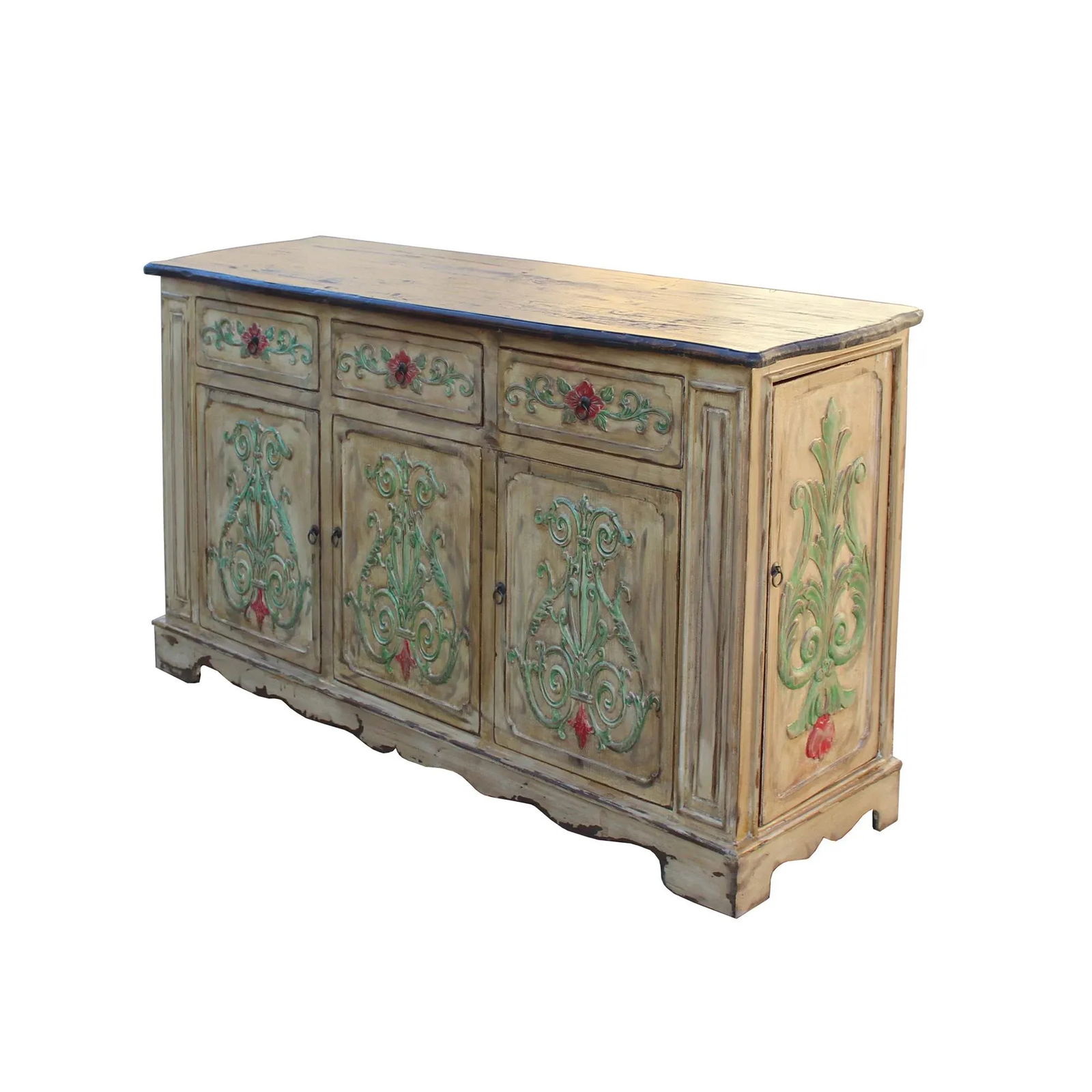Relief Flower Motif Distressed Cream Yellow White Sideboard Table Cabinet - 4