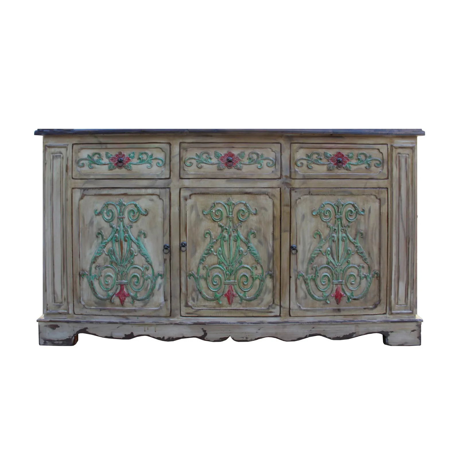 Relief Flower Motif Distressed Cream Yellow White Sideboard Table Cabinet - 6