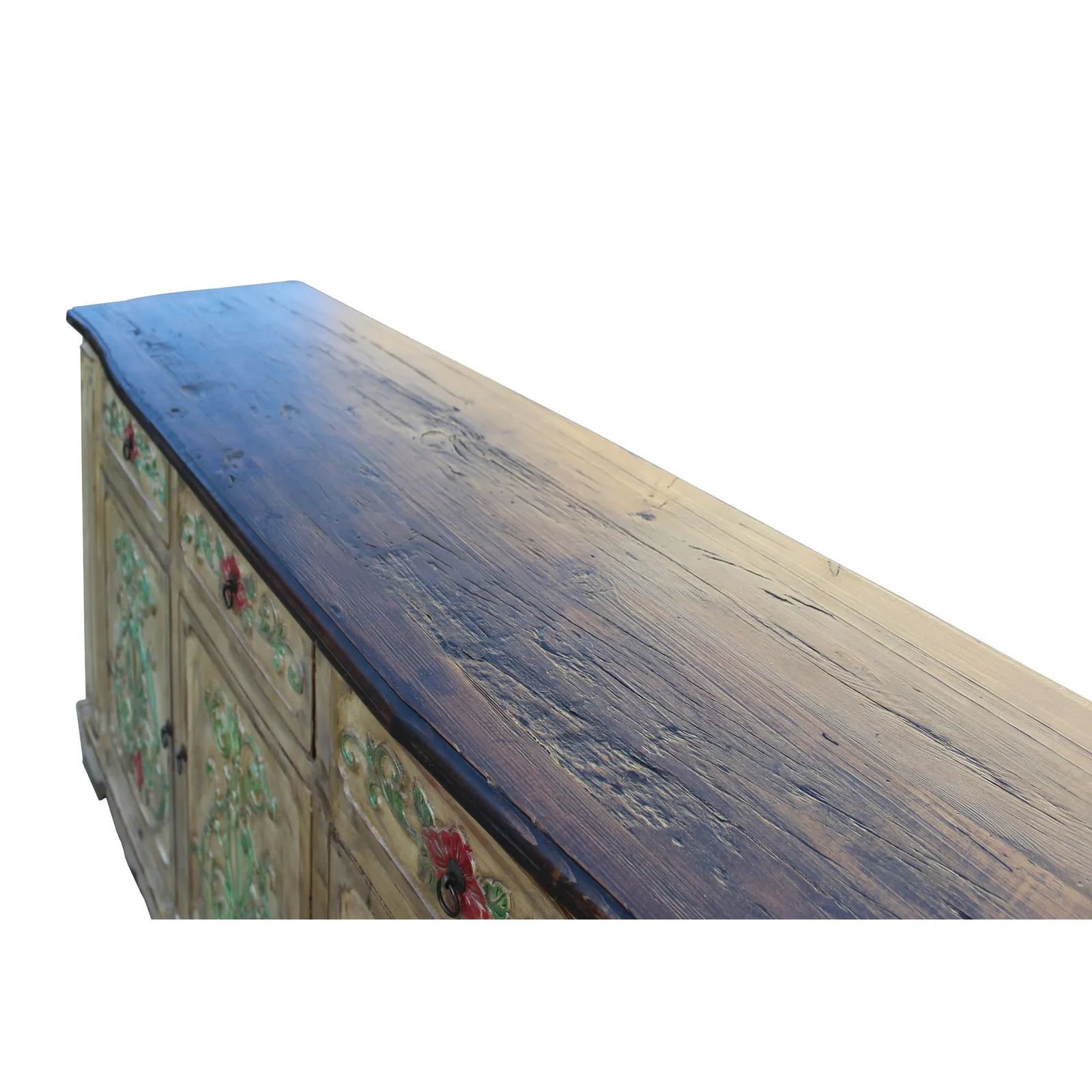 Relief Flower Motif Distressed Cream Yellow White Sideboard Table Cabinet - 7