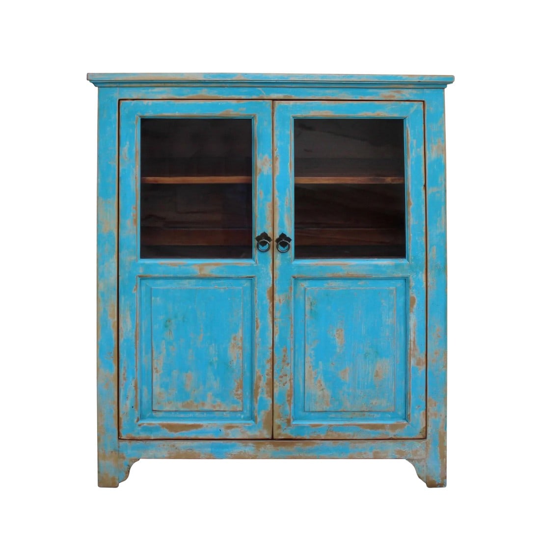Distressed Bright Blue Glass Display Bookcase Curio Cabinet: This is a simple distressed bright blue lacquer color display cabinet with two shelves. There is glass on each door. Dimensions: w38" x d15.5" x h47" Origin: China Material: Elm Wood Condition: hand m