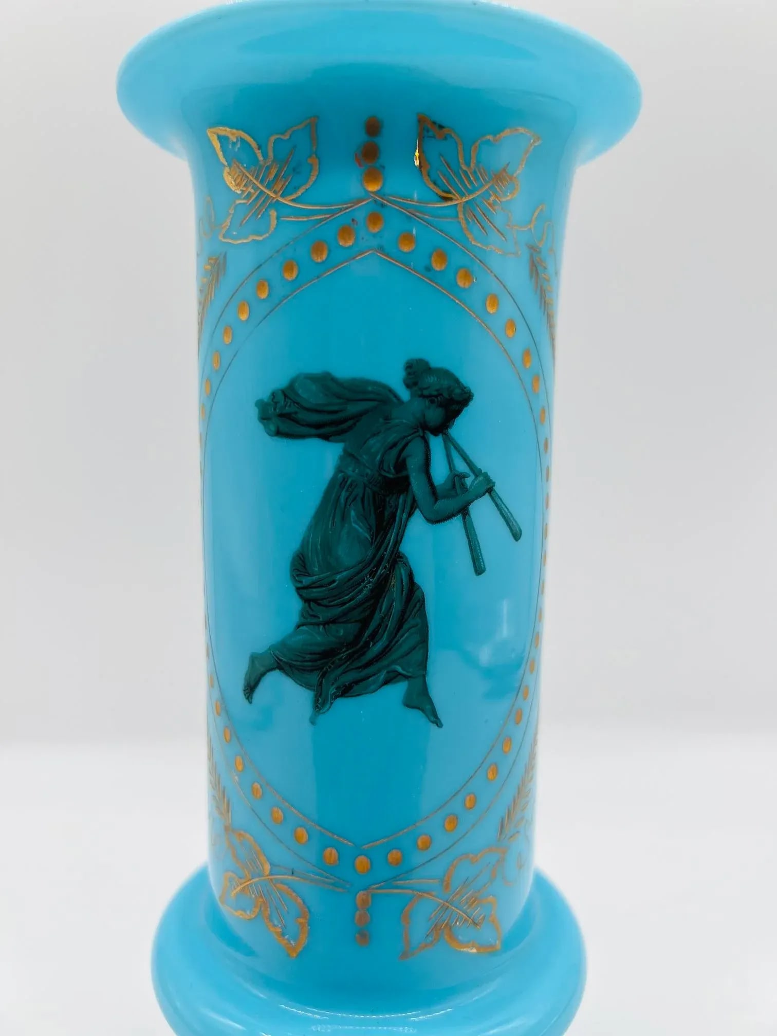 Antique Blue Opaline Bristol Etched Glass Vase W/ Etched Roman Goddess - 4