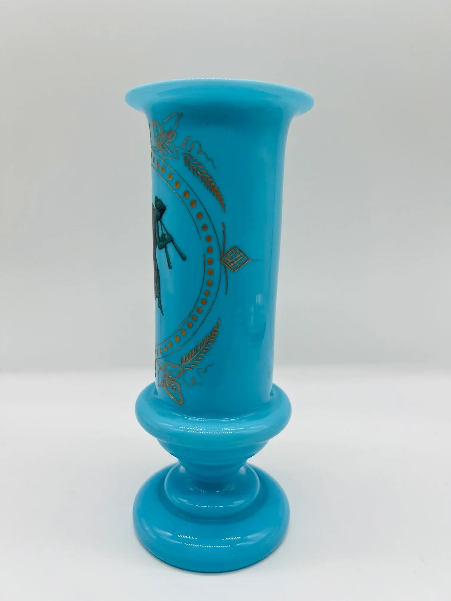 Antique Blue Opaline Bristol Etched Glass Vase W/ Etched Roman Goddess - 5
