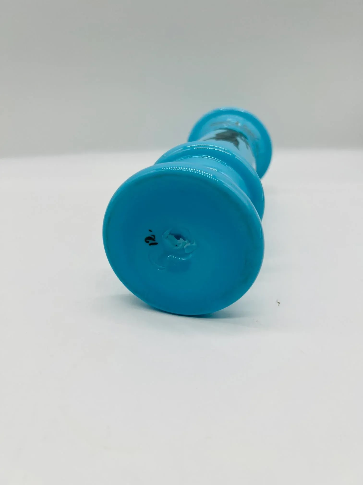 Antique Blue Opaline Bristol Etched Glass Vase W/ Etched Roman Goddess - 6