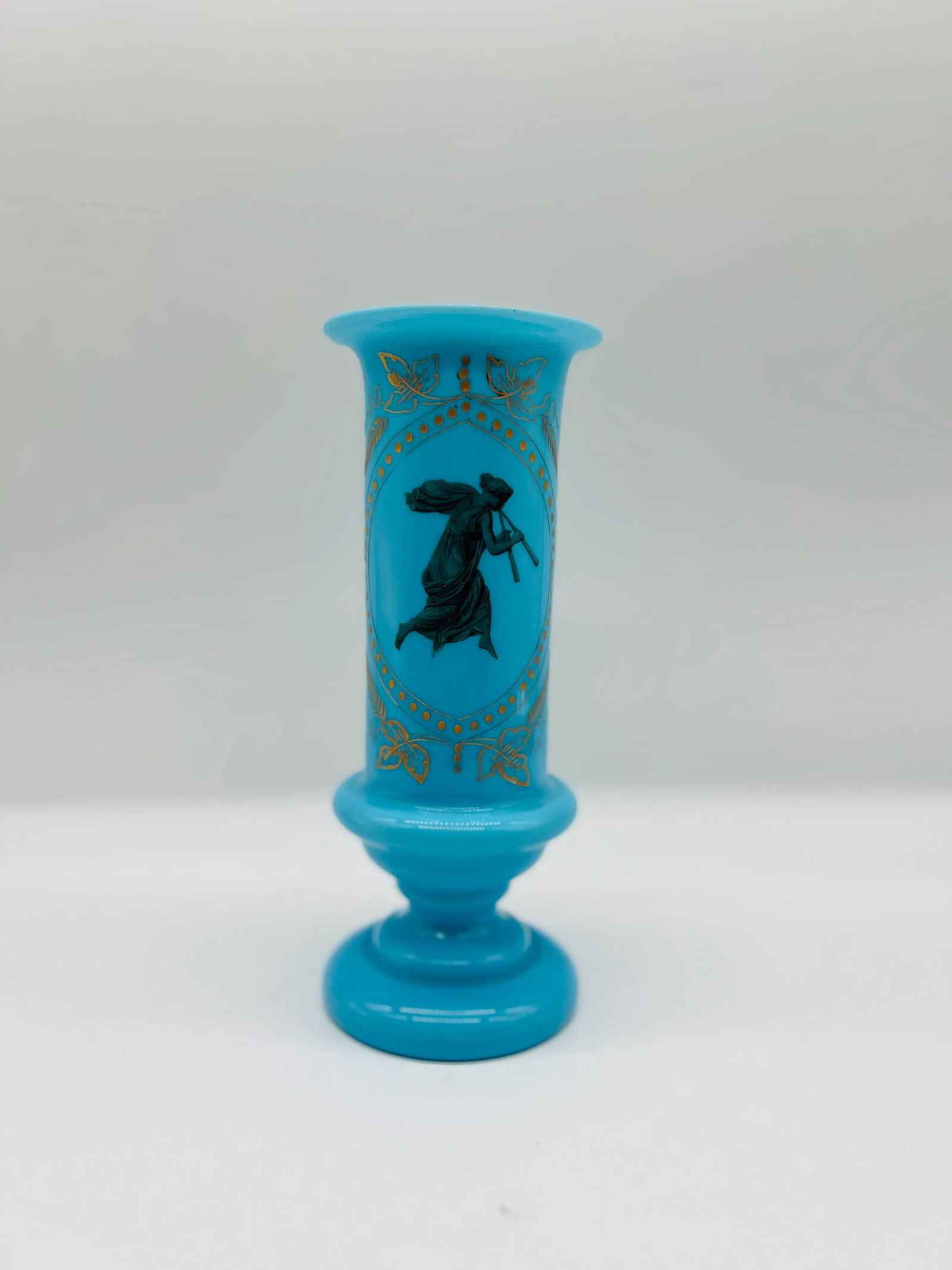 Antique Blue Opaline Bristol Etched Glass Vase W/ Etched Roman Goddess - 7