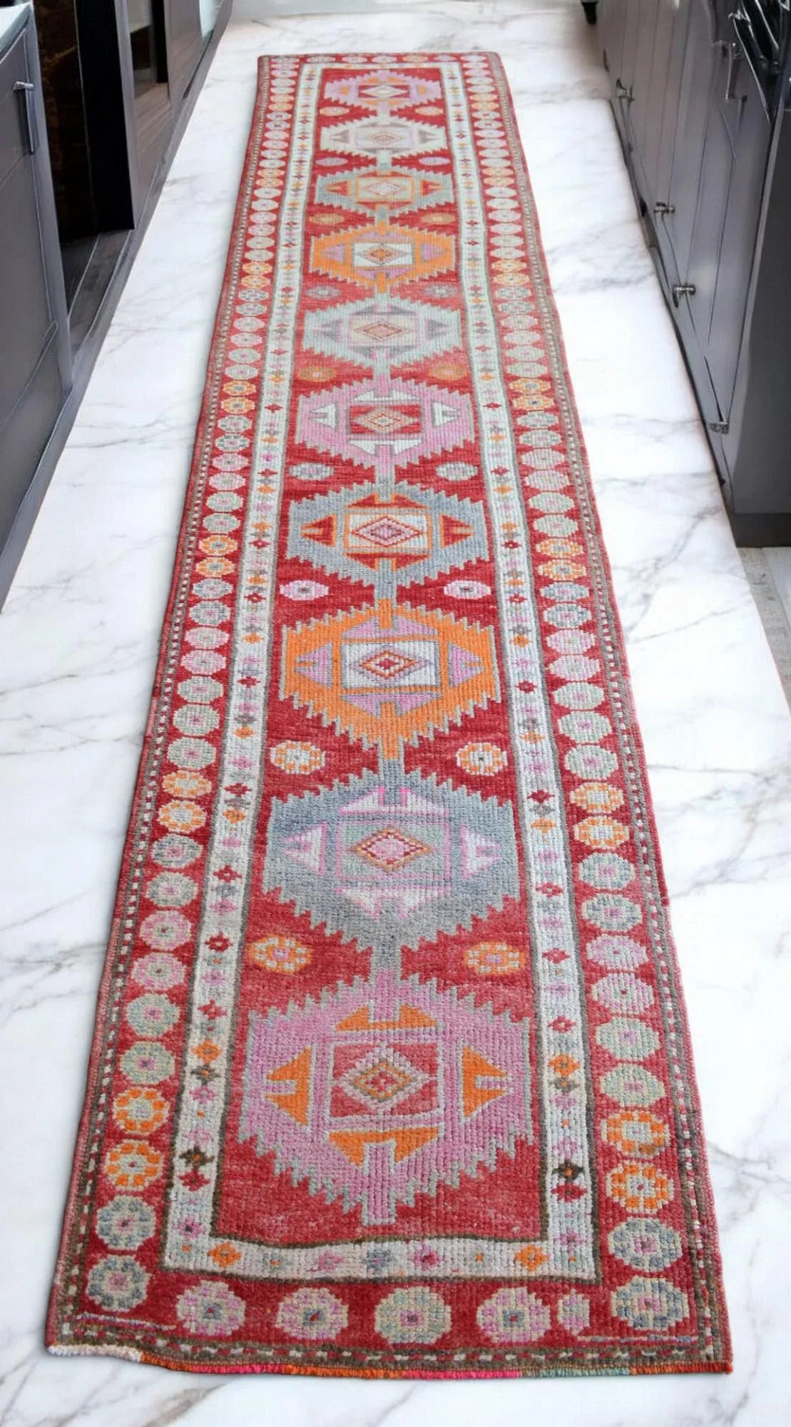 Hand-Knotted Turkish Runner Rug . Tribal Low Pile Runner. Herki - 2"²9"³ × 12"² - 2