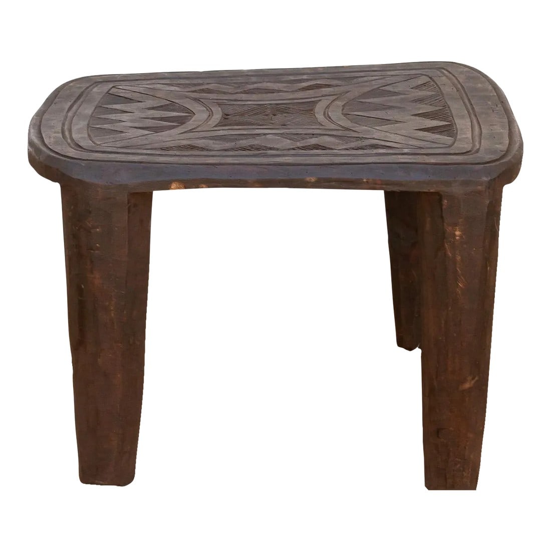 Authentic Carved Top Dukoci Nupe Table: A unique piece of African art, this vintage Nupe table from Nigeria is a must-have for collectors and enthusiasts of Nupe culture. Carved from a single log of wood and standing on 4 chunky tapered leg