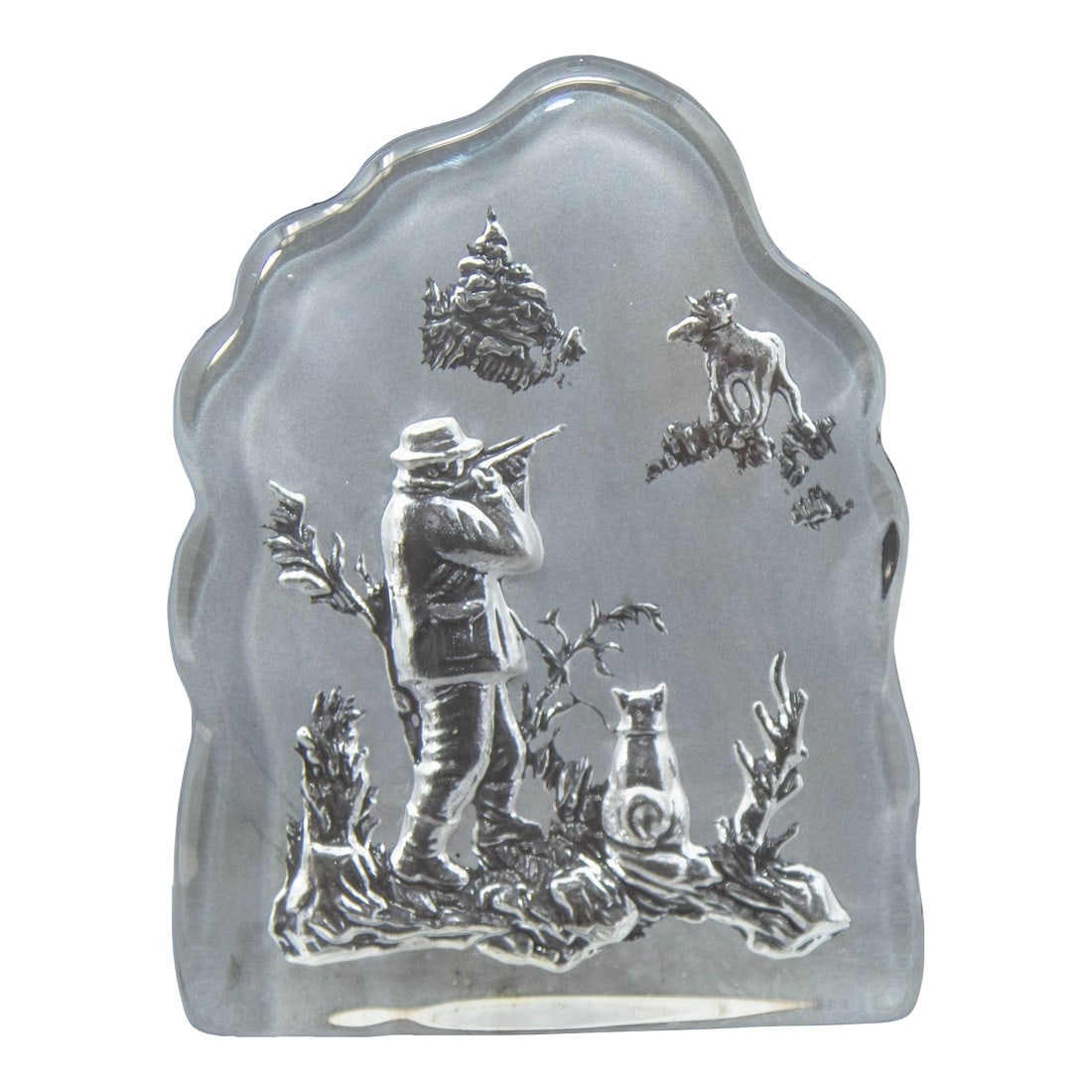Vintage Nybro Sweden Hunter and Moose Large Crystal Art Glass Paperweight: Vintage Nybro Sweden Hunter and Moose Large Crystal Art Glass Heavy Paperweight. Made in Sweden by Nybro, this vintage large glass paperweight features a hunter with his sights on a moose in the