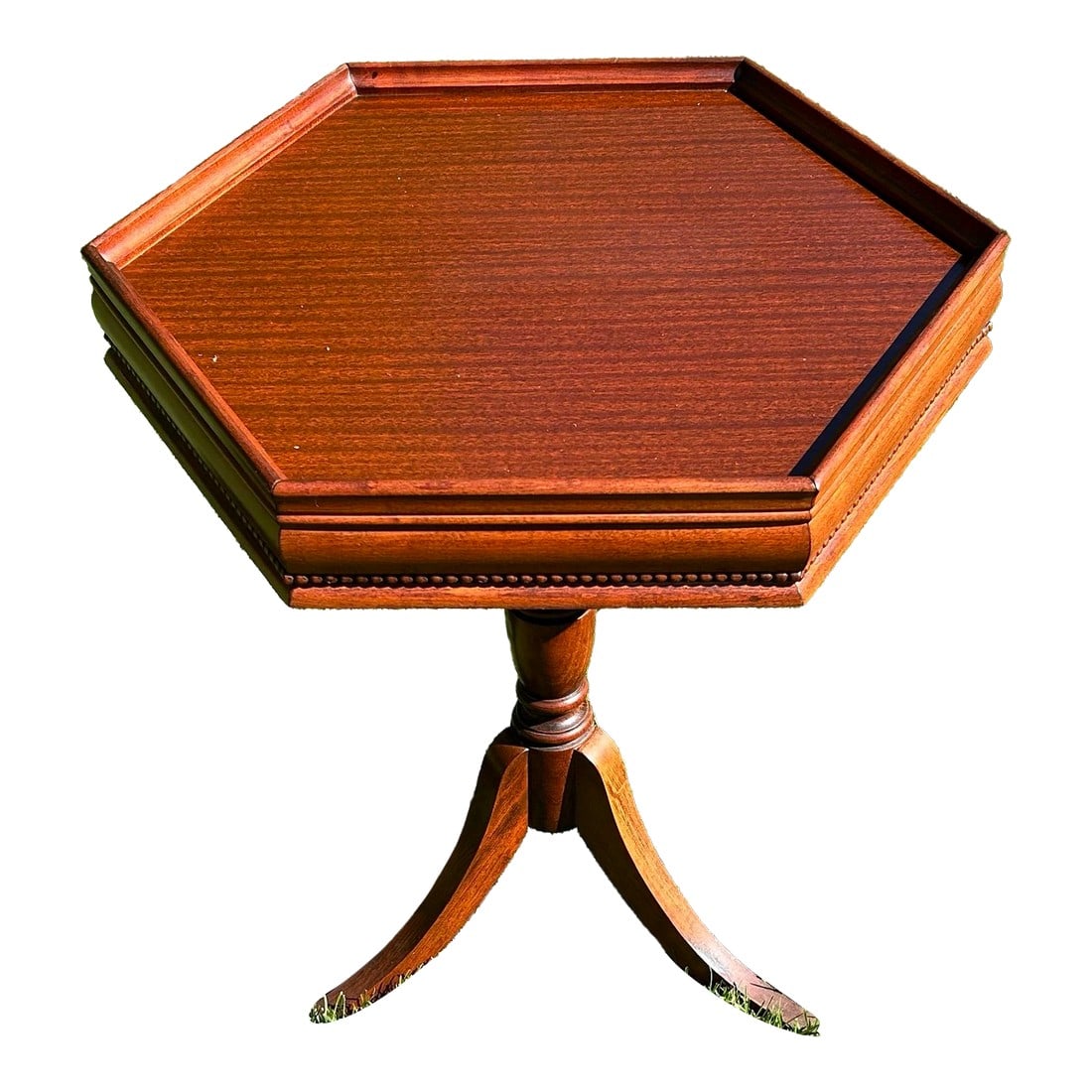 Vintage, 1930's, Winchendon, Pedestal, Mahogany, Hexagonal Accent/All-Occassion Table, With Detail: This vintage, hexagonal, all-occasion, pedestal table is more than likely a Winchendon table, made from mahogany, which was a highly prized wood for furniture making, during the Georgian and Victorian