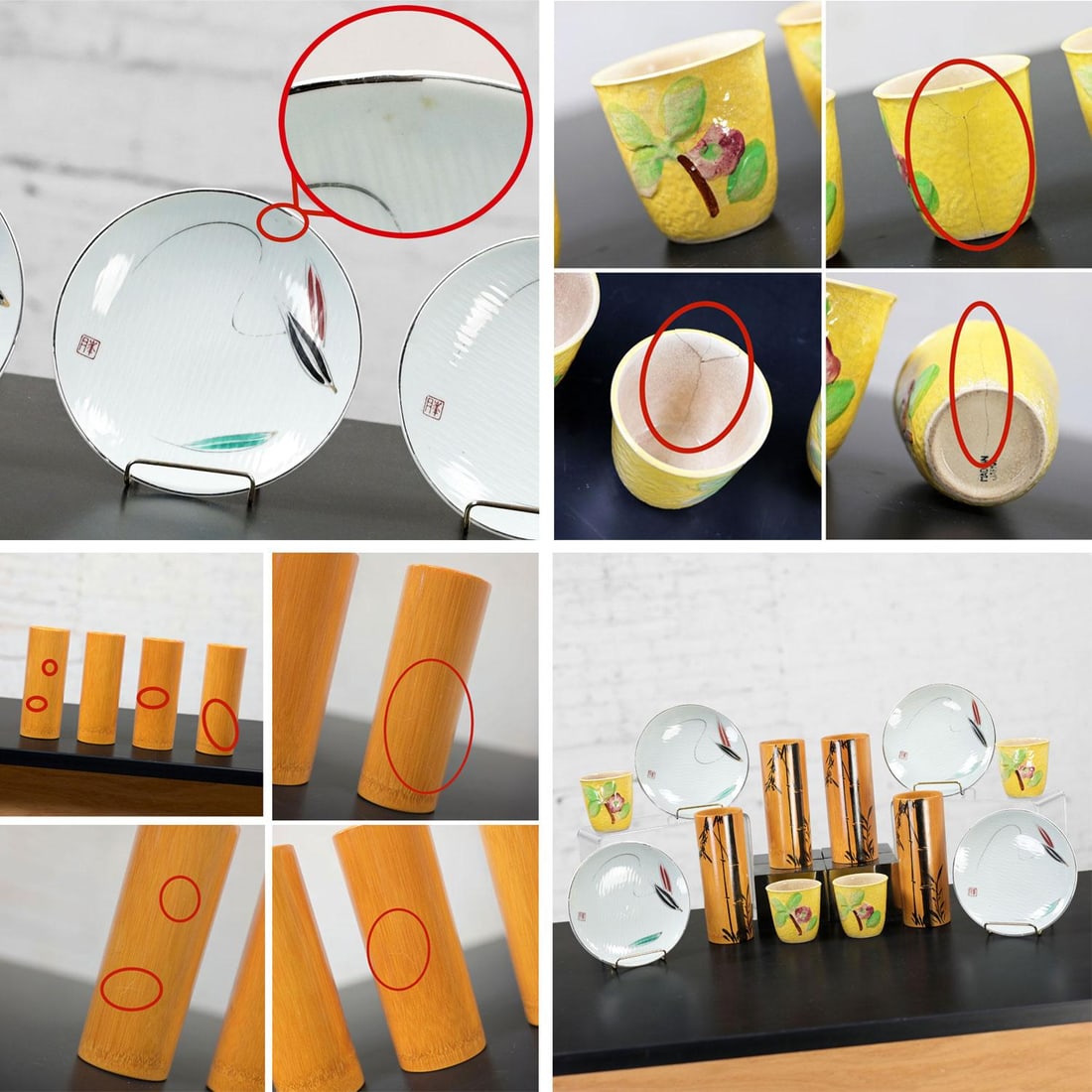 Mid-20th Century Asian Tabletop Set of 4 Bamboo Tumblers 4 Saki Cups & 4 Dessert Plates Made in Japa - 11