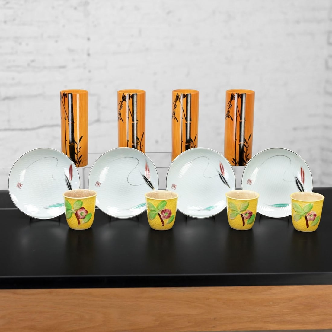 Mid-20th Century Asian Tabletop Set of 4 Bamboo Tumblers 4 Saki Cups & 4 Dessert Plates Made in Japa - 12