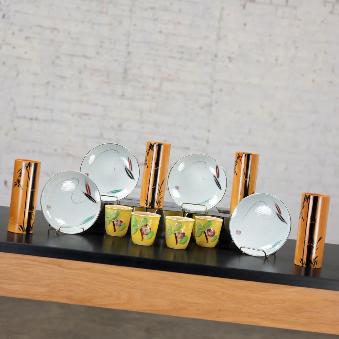 Mid-20th Century Asian Tabletop Set of 4 Bamboo Tumblers 4 Saki Cups & 4 Dessert Plates Made in Japa - 3