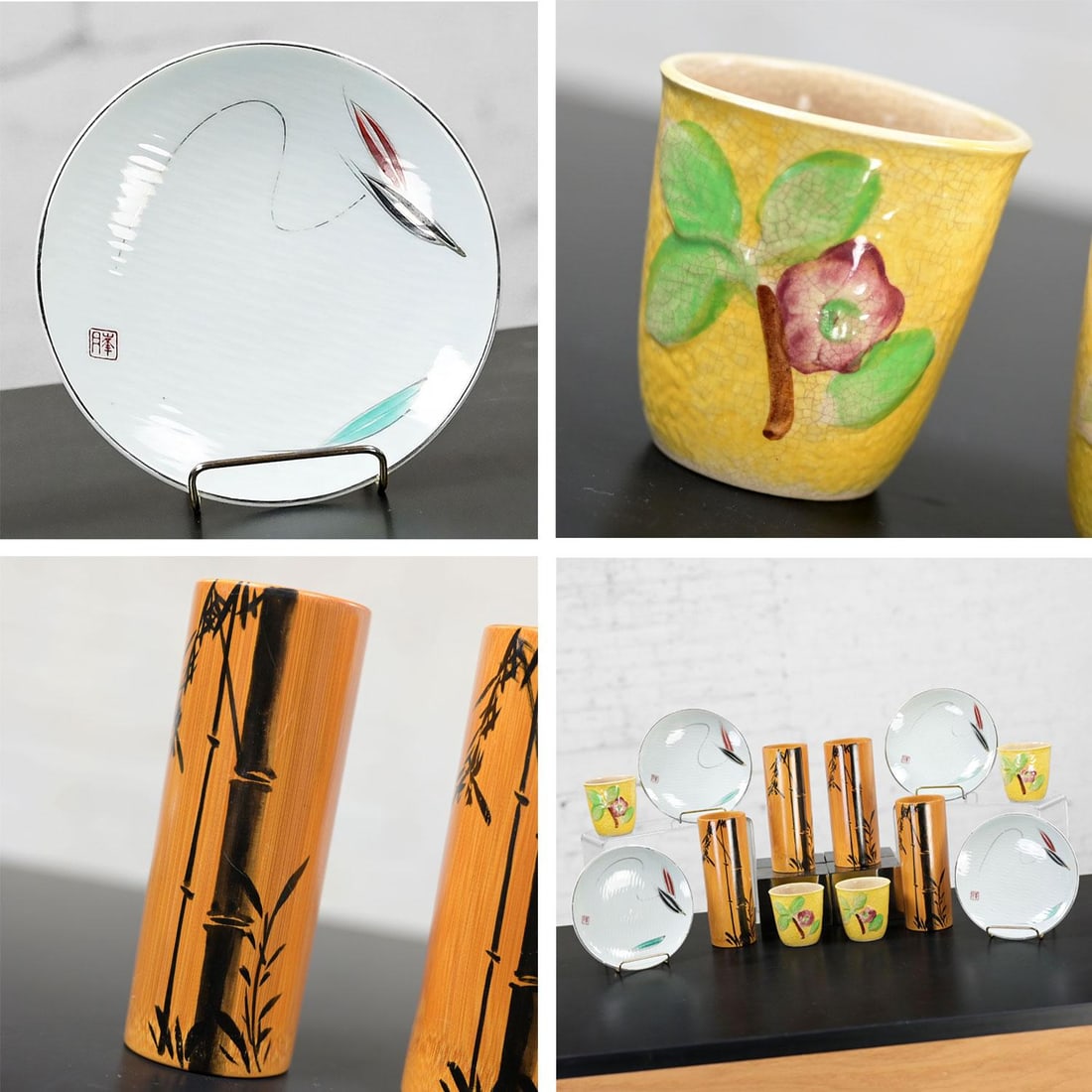 Mid-20th Century Asian Tabletop Set of 4 Bamboo Tumblers 4 Saki Cups & 4 Dessert Plates Made in Japa - 8