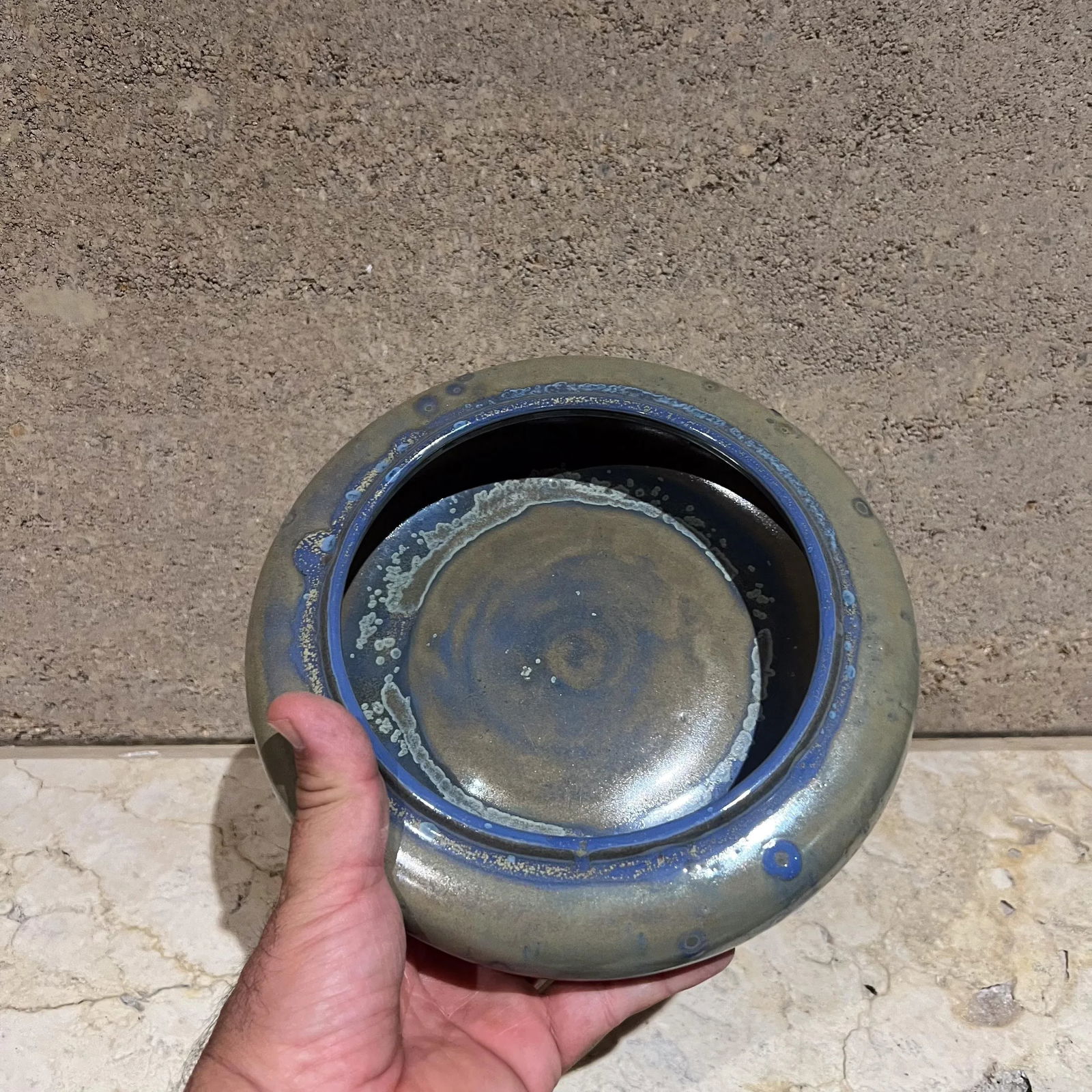 1970s Zanesville Stoneware Art Pottery Small Blue Bowl Ohio - 5