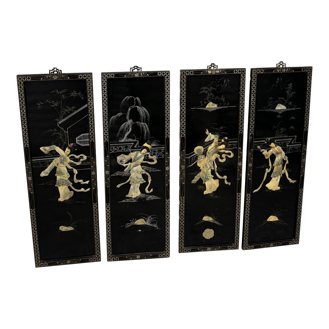 1950s Vintage Chinoiserie Geisha Asian Wall Panel Accents With Mother of Pearl Inlays - Set of 4, Fr: This stunning set of four vintage Chinoiserie wall panels is a beautiful display of traditional Asian artistry, featuring intricately hand-carved Geisha figures in serene landscapes. Each panel is ado