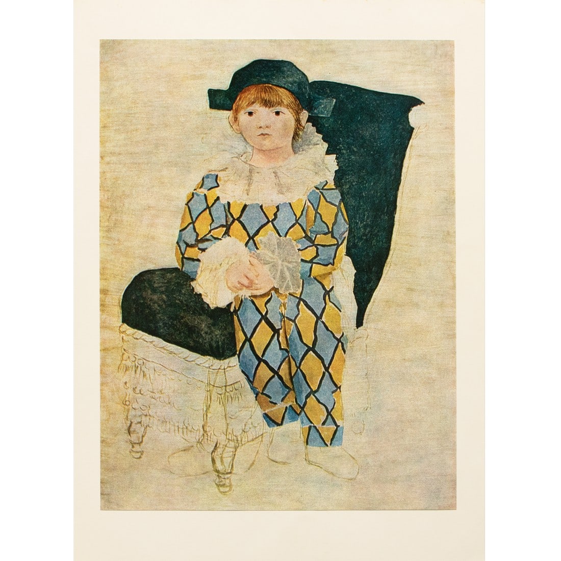 1971 After Pablo Picasso "Paul as Harlequin", Period Parisian Full-Color Print: A lovely period full-color print after portrait "Paul as Harlequin" (1924) by Pablo Picasso. Comes from a rare art folio of the artist published by New French Editions in Paris, France, in 1971. Print