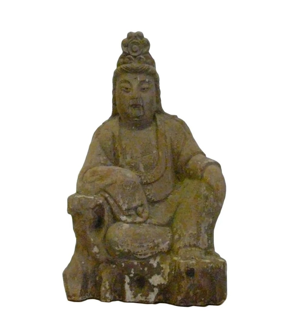 Chinese Rustic Distressed Wood Kwan Yin Statue: This is a reproduction Chinese decorative wooden Kwan Yin statue. It is finished in vintage rustic look. Dimensions: w11.5" x d7"x h19.5" Origin: China Material: Wood Condition: Reproduction, hand