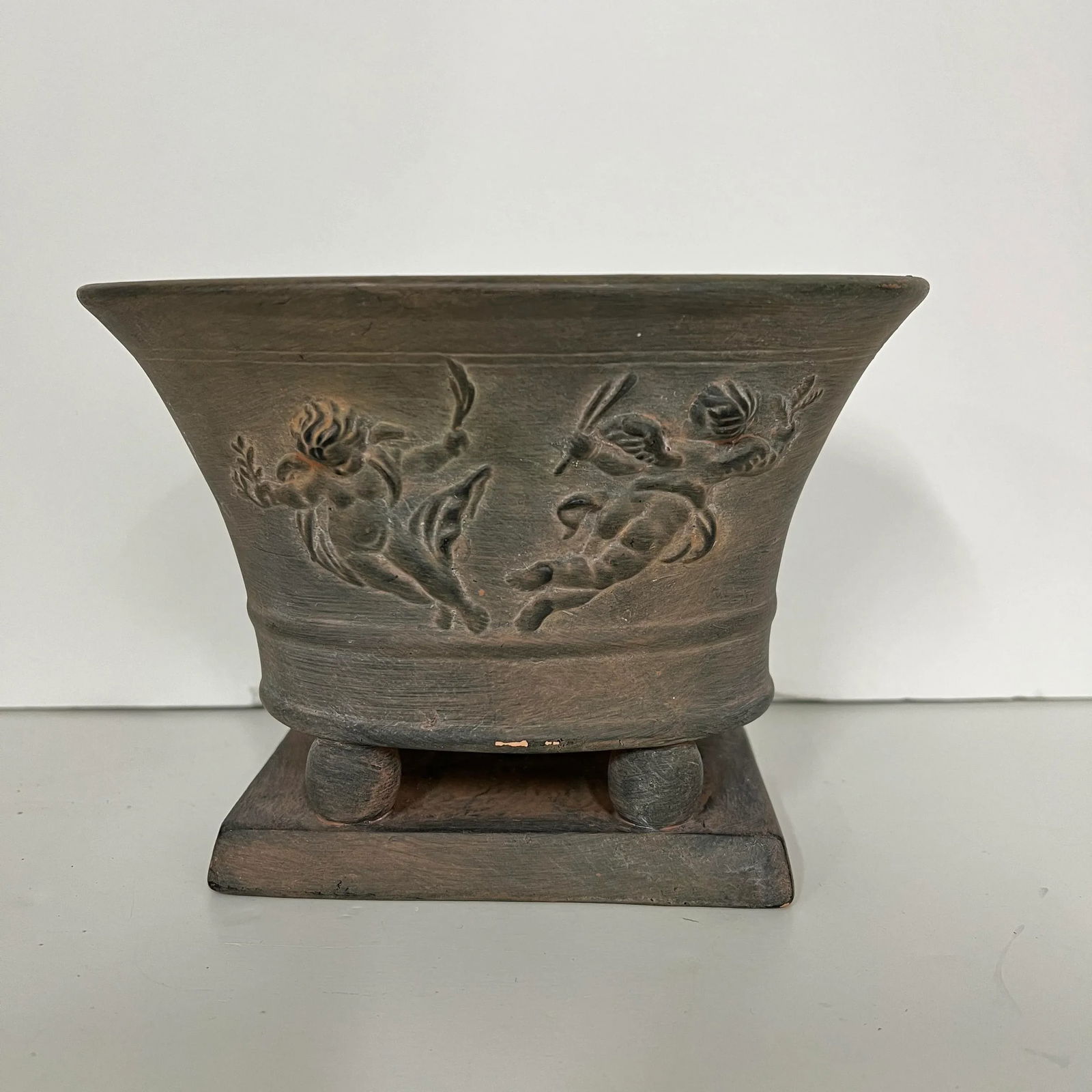 Cast Metal Cherub Design Footed Cachepot - 3