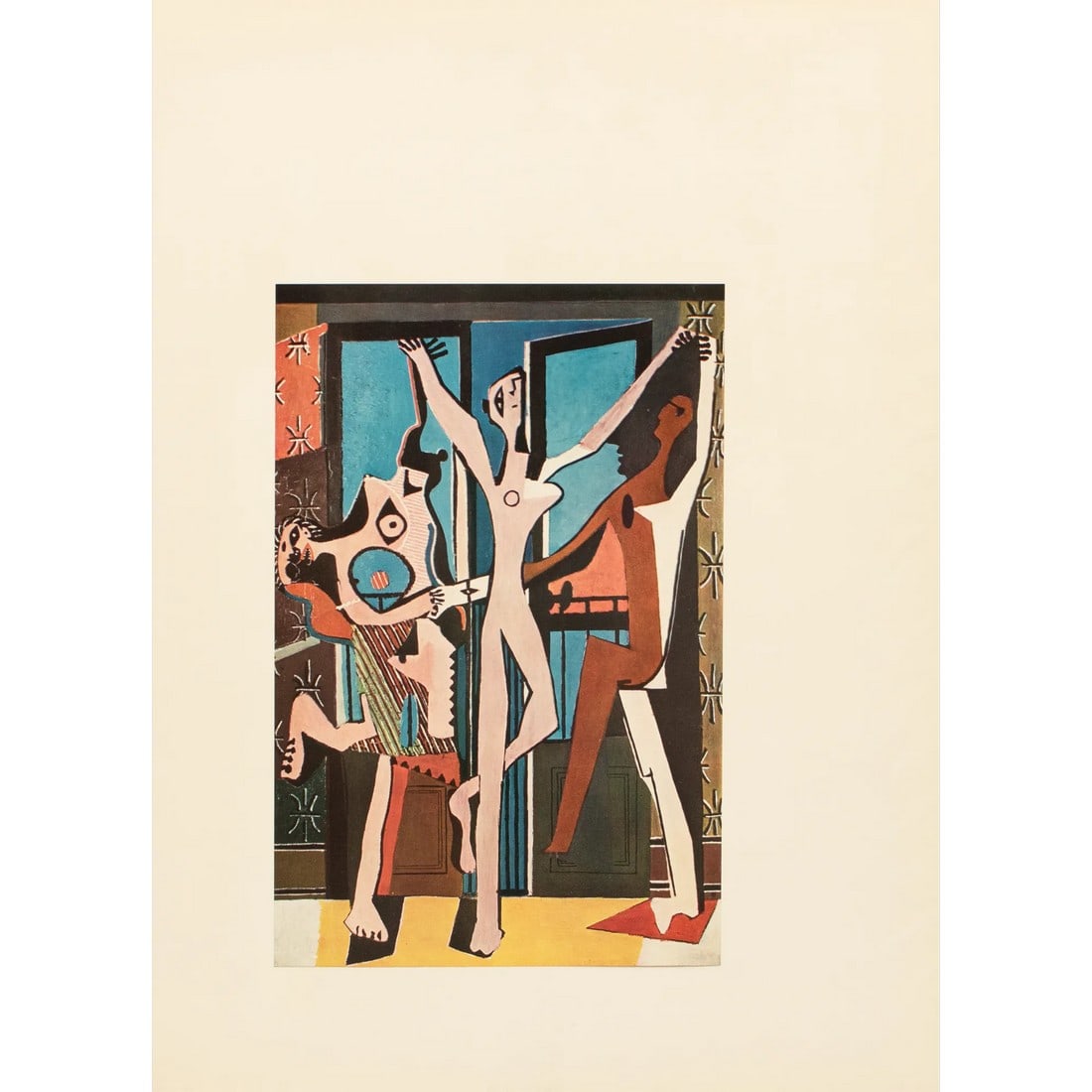 1957 After Pablo Picasso "Three Dancers", Period Cubist Full-Color Print: An excellent vintage period full-color print after Cubist painting "Three Dancers" (1929) by Pablo Picasso. Comes from an art folio published in the U.S., in 1957. Printed on one side. Hand tipped-in