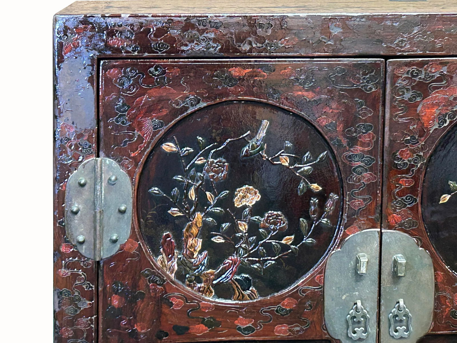 Vintage Chinoiseries Brick Red & Stone Inlay Graphic Credenza Cabinet - 10