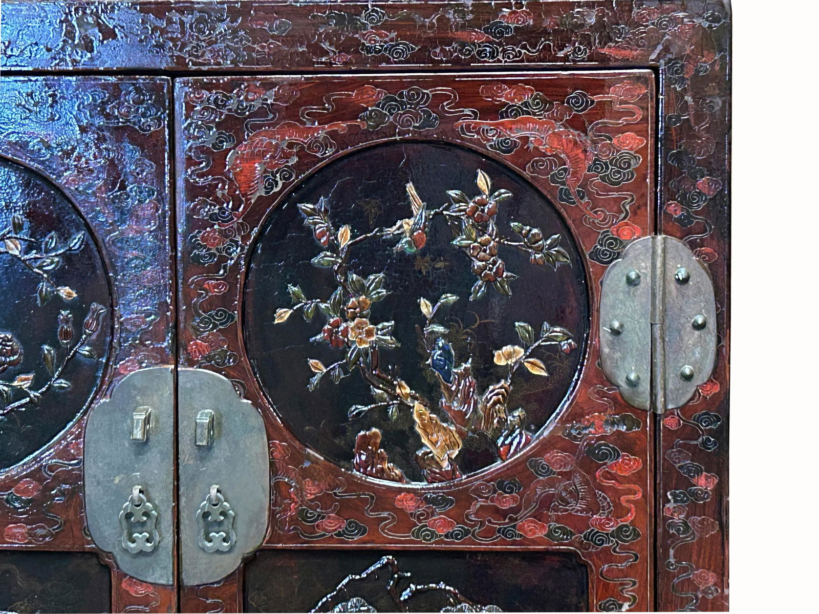 Vintage Chinoiseries Brick Red & Stone Inlay Graphic Credenza Cabinet - 11