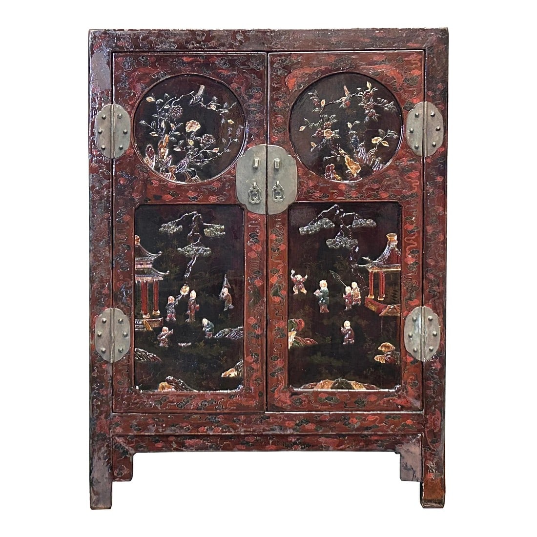 Vintage Chinoiseries Brick Red & Stone Inlay Graphic Credenza Cabinet: The Vintage Chinoiseries Brick Red & Stone Inlay Graphic Credenza Cabinet is a striking and unique furniture piece that effortlessly blends timeless design with artistic flair. This credenza
