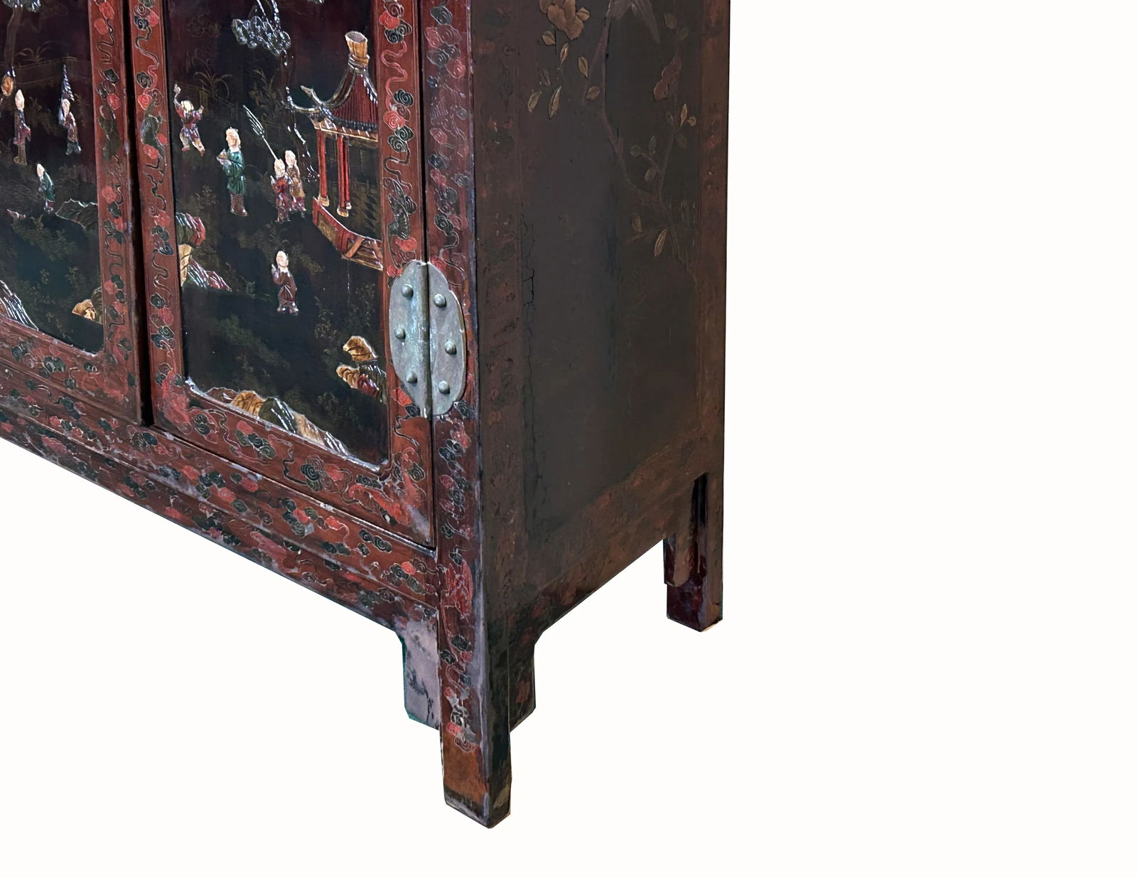 Vintage Chinoiseries Brick Red & Stone Inlay Graphic Credenza Cabinet - 3