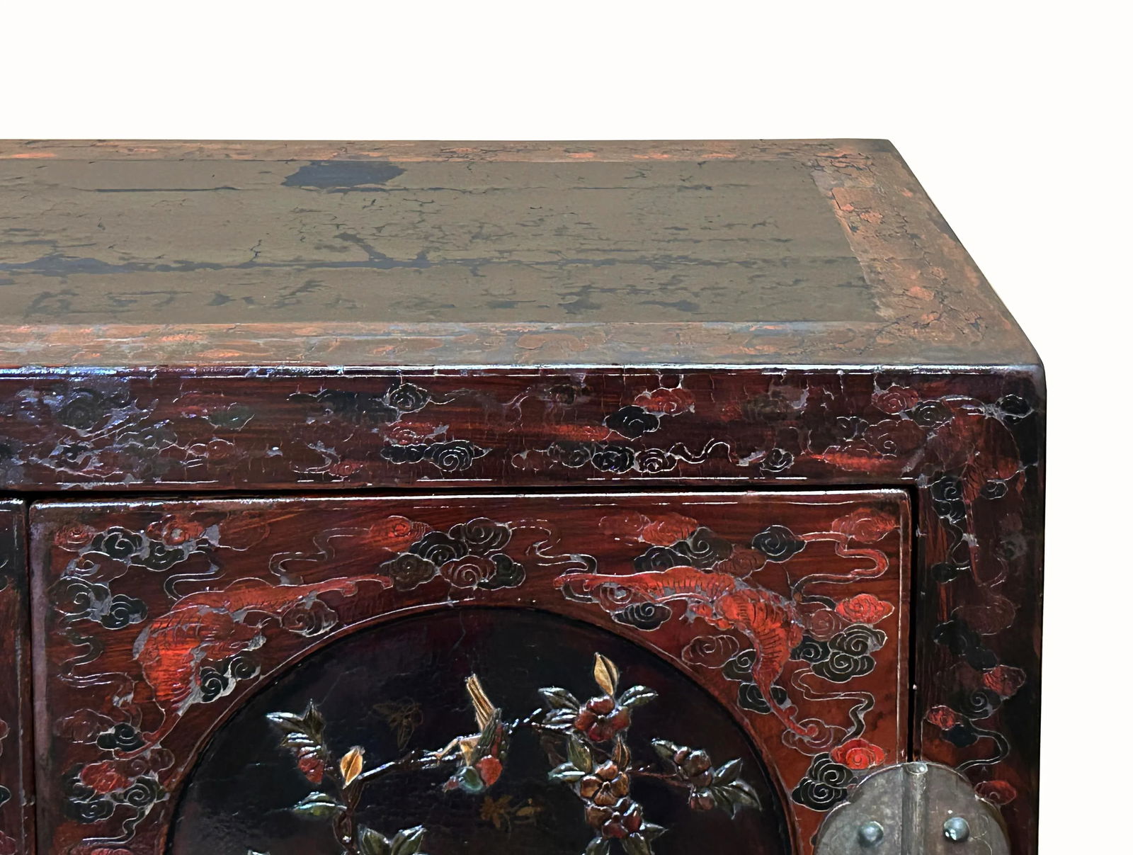 Vintage Chinoiseries Brick Red & Stone Inlay Graphic Credenza Cabinet - 5