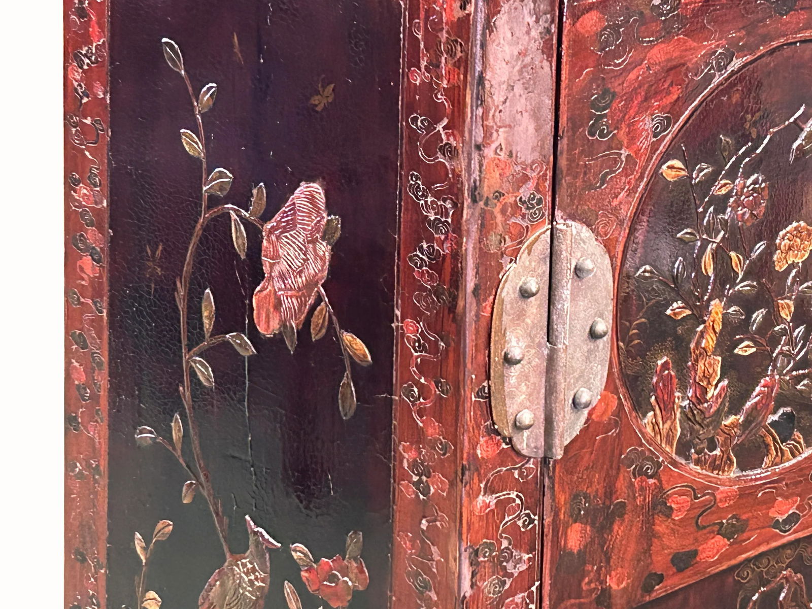 Vintage Chinoiseries Brick Red & Stone Inlay Graphic Credenza Cabinet - 6