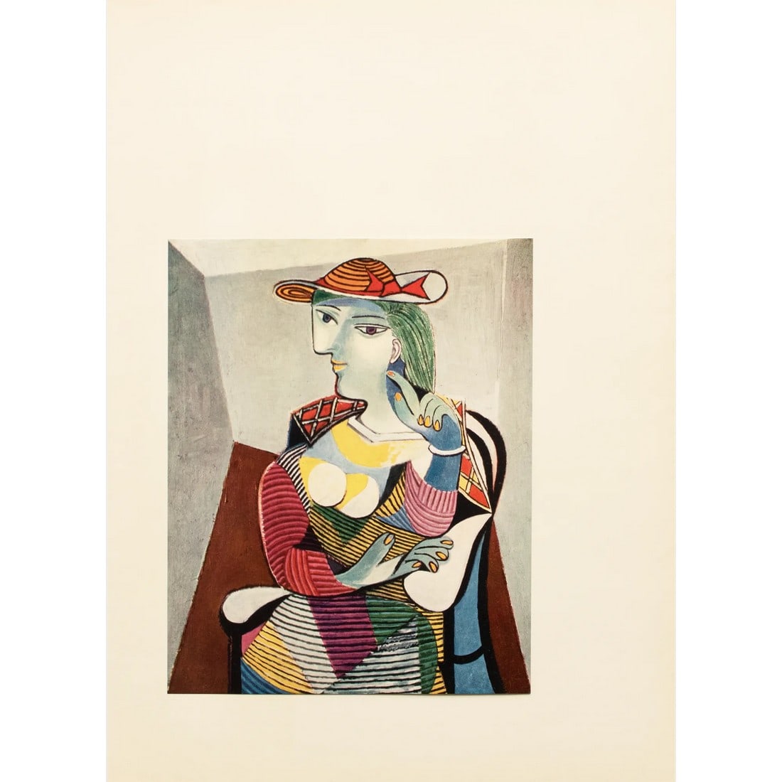 1957 After Pablo Picasso "Woman in an Armchair", Period Full-Color Print: An excellent vintage period full-color print after painting "Woman in an Armchair" (1937) by Pablo Picasso. Comes from an art folio published in the U.S., in 1957. Printed on one side. Hand tipped-in