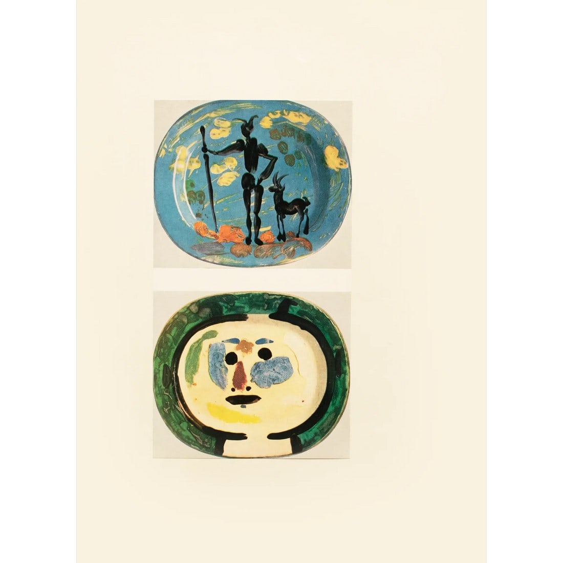 1957 Vintage Print of Pablo Picasso's Decorative Ceramic Platters "Faun and Goat" and "Face": An excellent vintage period full-color print of Pablo Picasso's Ceramic Platters "Faun and Goat" and "Face" (painted in 1948). Comes from an art folio published in the U.S., in 1957. Printed on one