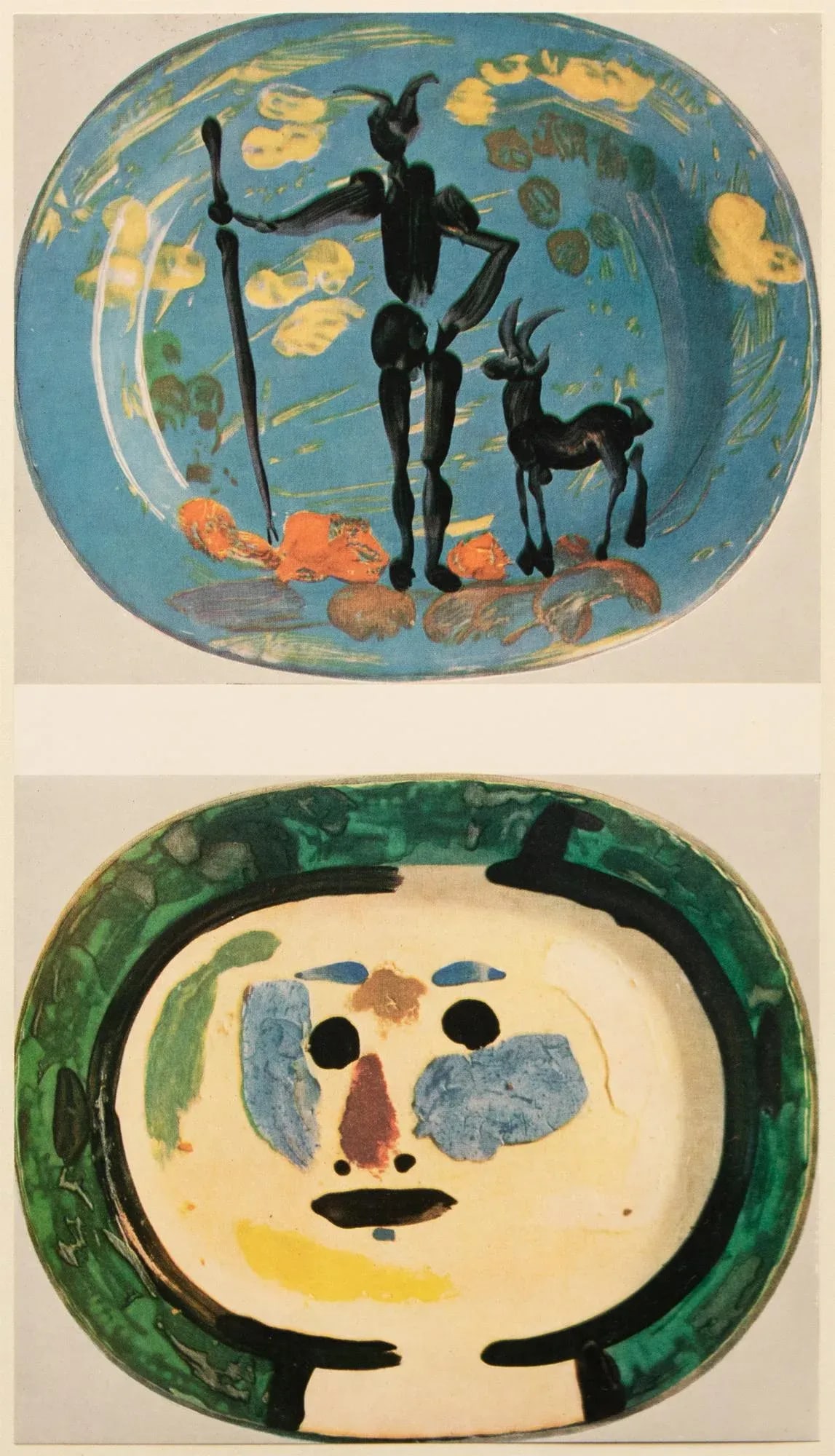 1957 Vintage Print of Pablo Picasso's Decorative Ceramic Platters "Faun and Goat" and "Face" - 2