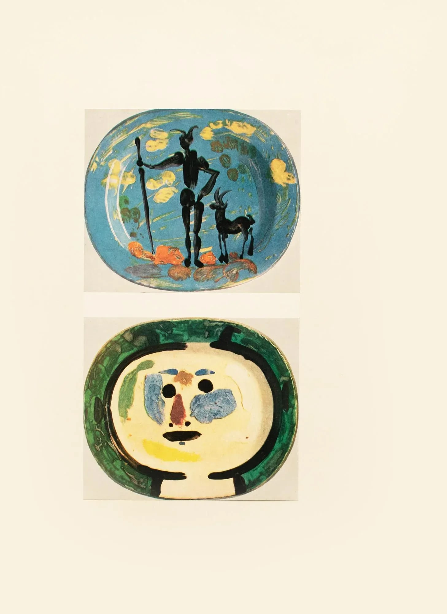 1957 Vintage Print of Pablo Picasso's Decorative Ceramic Platters "Faun and Goat" and "Face" - 4