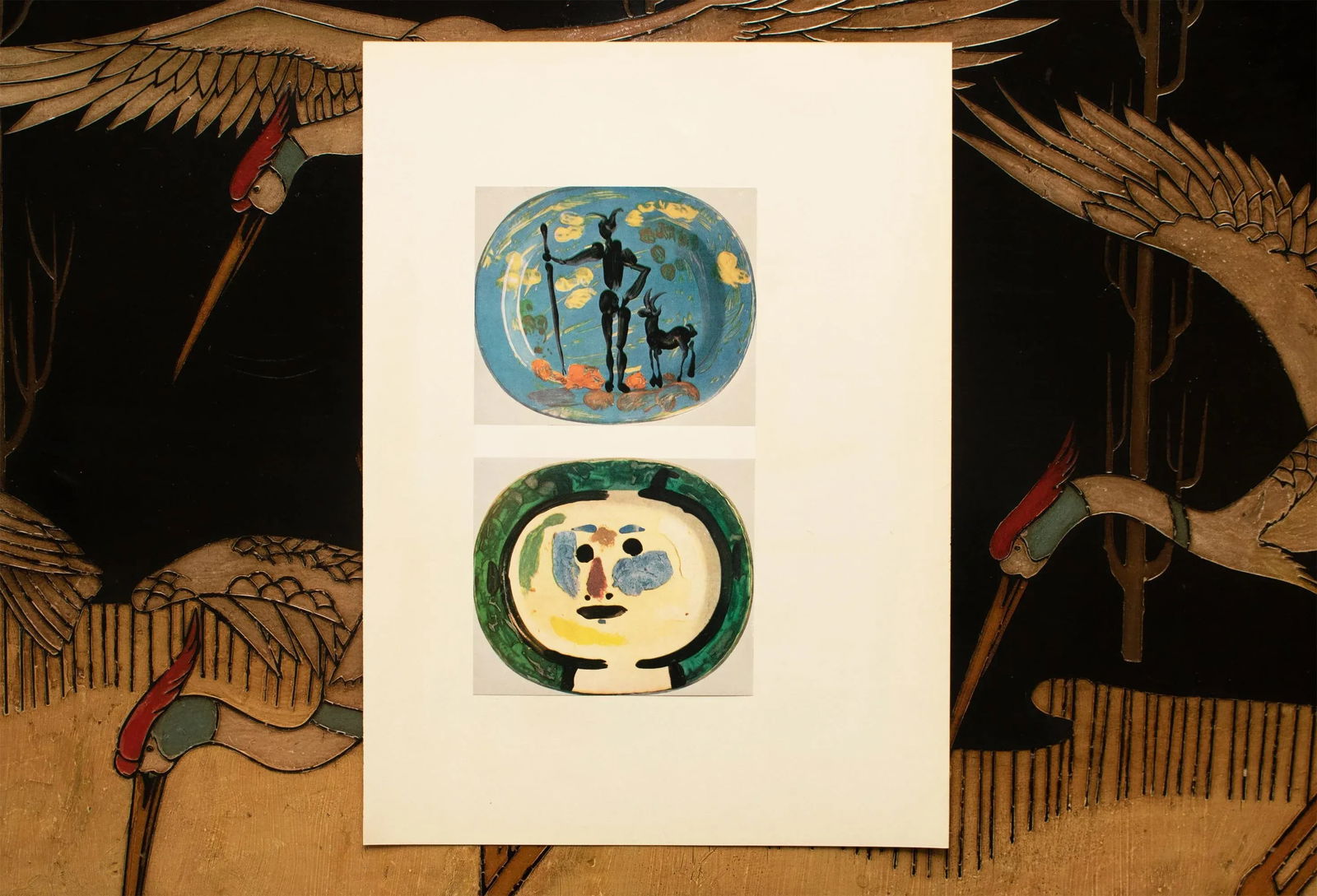 1957 Vintage Print of Pablo Picasso's Decorative Ceramic Platters "Faun and Goat" and "Face" - 5