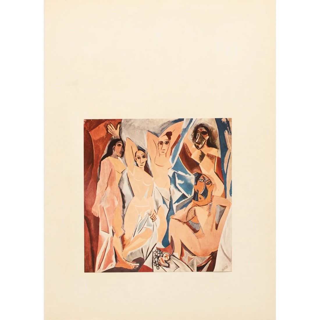 1957 After Pablo Picasso "Les Demoiselles D'Avignon", Period Cubist Full-Color Print: An excellent vintage period full-color print after Cubist painting "Les Demoiselles D'Avignon" (1907) by Pablo Picasso. Comes from an art folio published in the U.S., in 1957. Printed on one side.