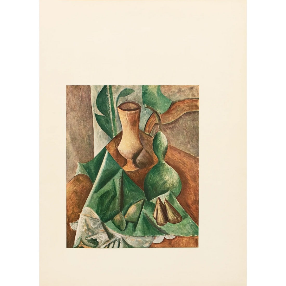 1957 After Pablo Picasso "Still Life With Gourd", Period Full-Color Print: An excellent vintage period full-color print after Cubist painting "Still Life with Gourd" (1909) by Pablo Picasso. Comes from an art folio published in the U.S., in 1957. Printed on one side. Hand
