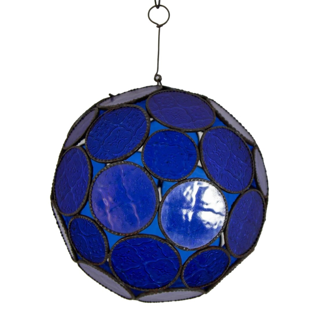 Vintage Moroccan Royal Blue Moorish Glass Orb Glass Lantern: Handcrafted Moroccan cobalt blue glass lantern or Moorish pendant. Cobalt blue molded glass color with Moorish design circles put together in an orb style lamp. Handmade in Marrakech, metal rust