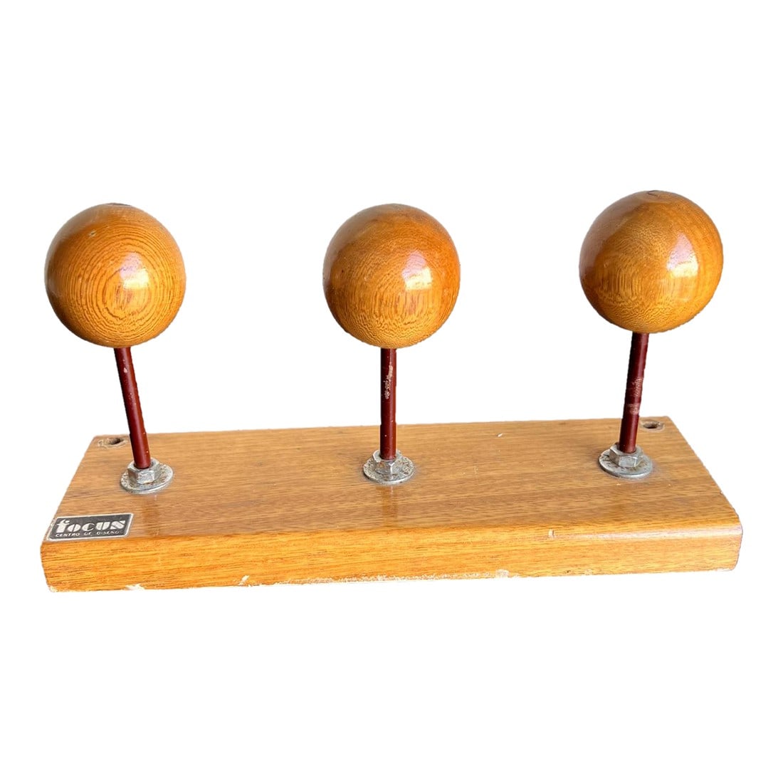 1960s Wall Coat Rack Maple Wood and Iron: AMBIANIC presents Scandinavian styled Coat Rack Wood and Iron. Wood appears maple with glossy varnish. 9.75 w x 3.25 h x 5.25 d Label from the maker in lower left corner. Premade holes make it easy