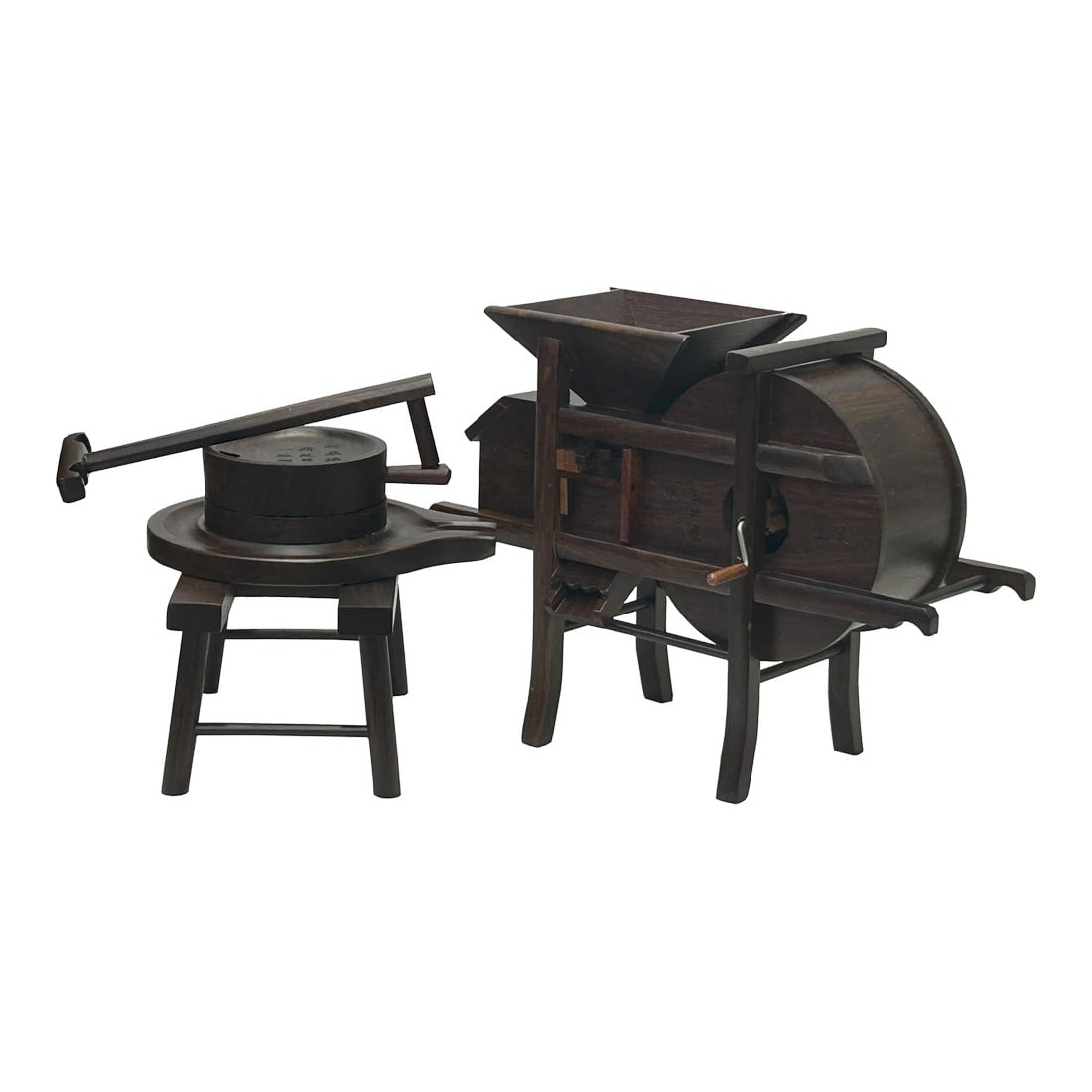 Set of 2 Chinese Rosewood Miniature Rice Grain Grinder Crushing Mill Display Art: This Set of 2 Chinese Rosewood Miniature Rice Grain Grinder Crushing Mills is a beautifully crafted representation of traditional Chinese agricultural tools. Each piece is made from rich rosewood,