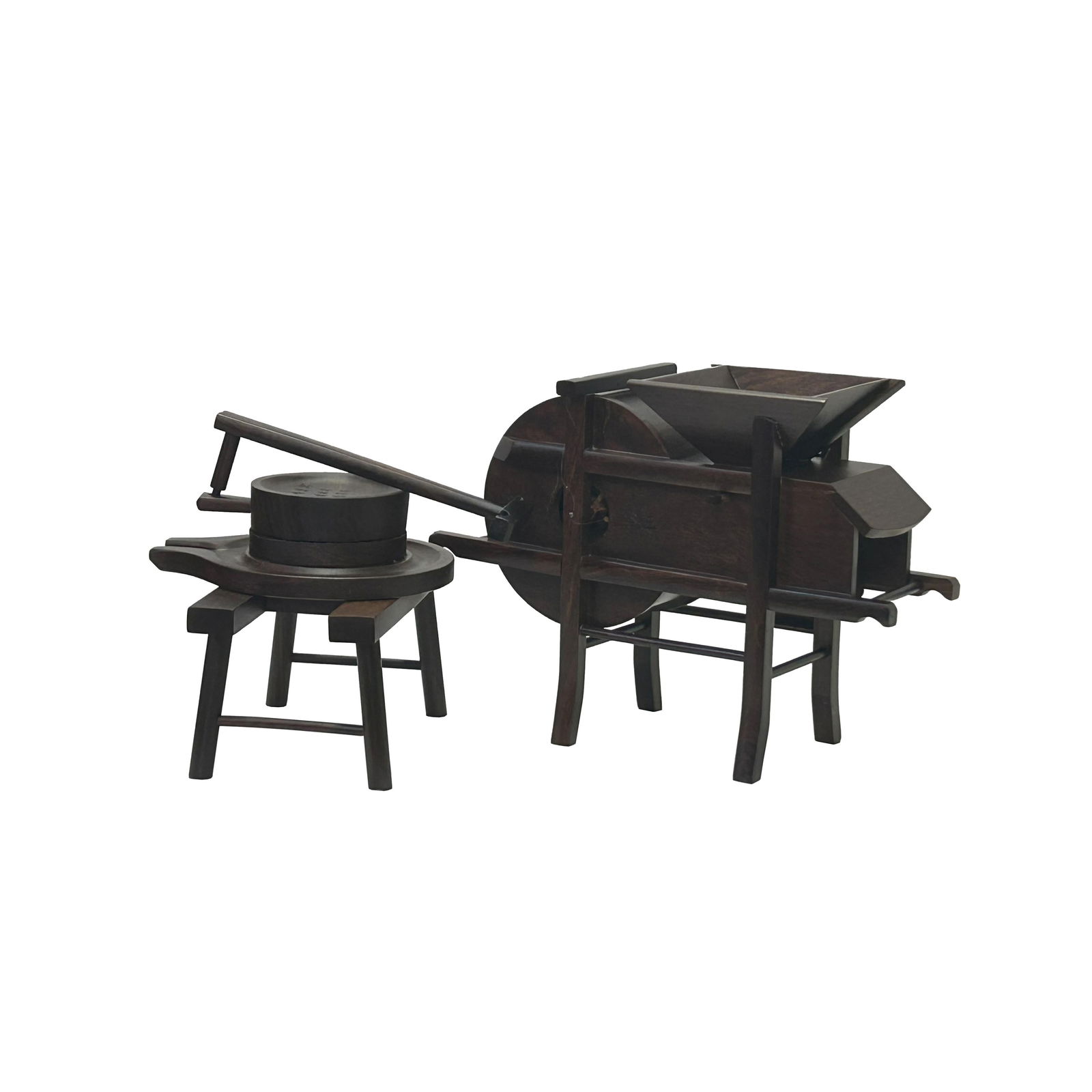 Set of 2 Chinese Rosewood Miniature Rice Grain Grinder Crushing Mill Display Art - 3