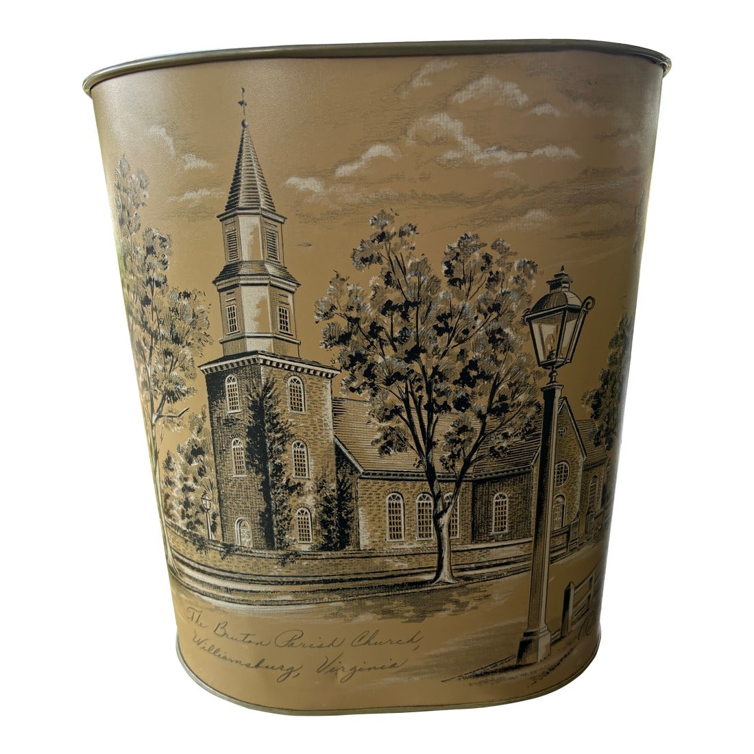 1950s Cheinco Metal Waste Paper Basket of Bruton Parish Church in Williamsburg Va Signed Robert F. S: Beautiful metal waste paper basket depicting the art drawing of Bruton Parish Church by Robert F. Sadlier It is in very nice condition with only a few light scratches. It measures 10.5 x 8.5 x 11.5