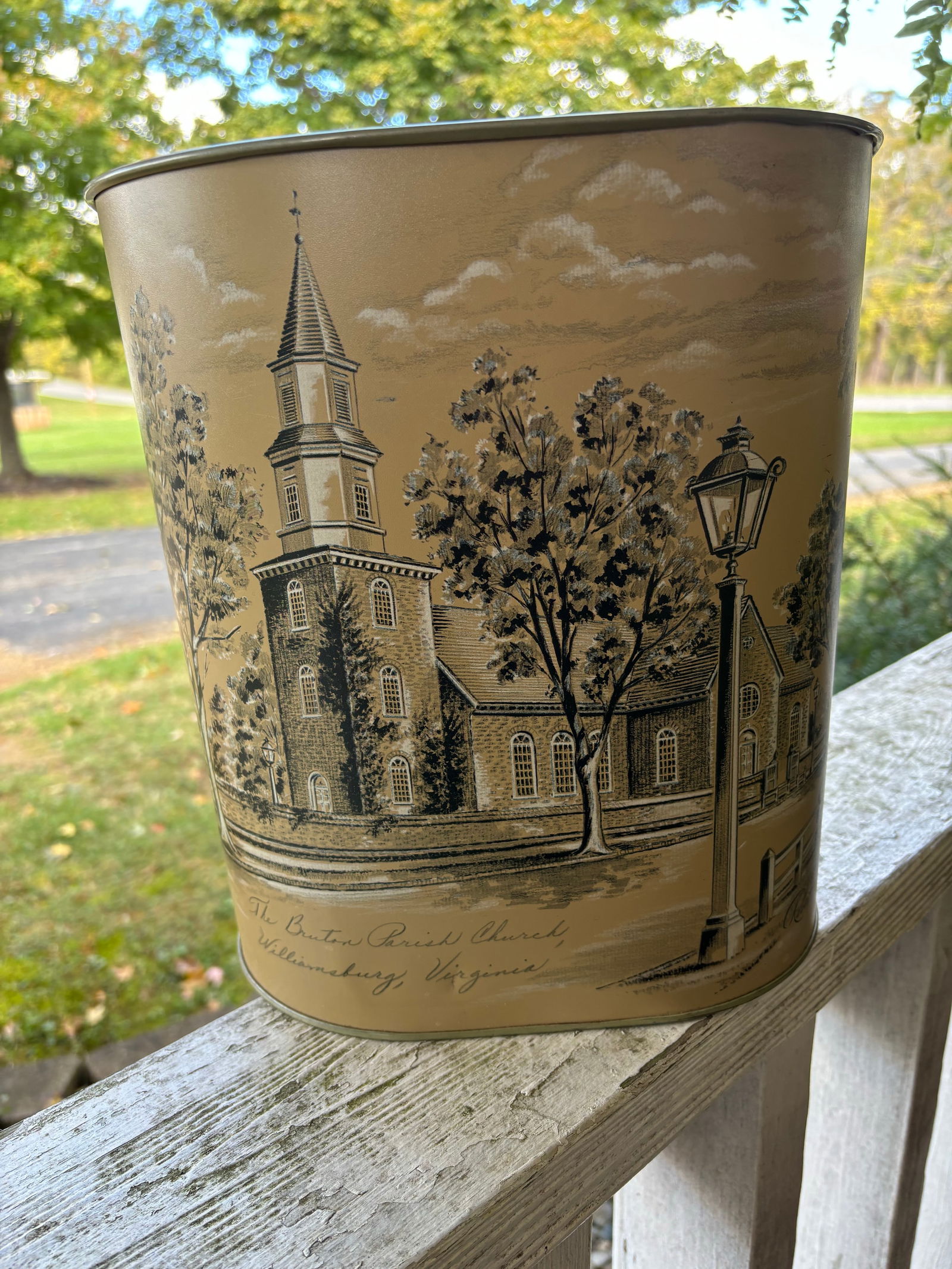 1950s Cheinco Metal Waste Paper Basket of Bruton Parish Church in Williamsburg Va Signed Robert F. S - 2