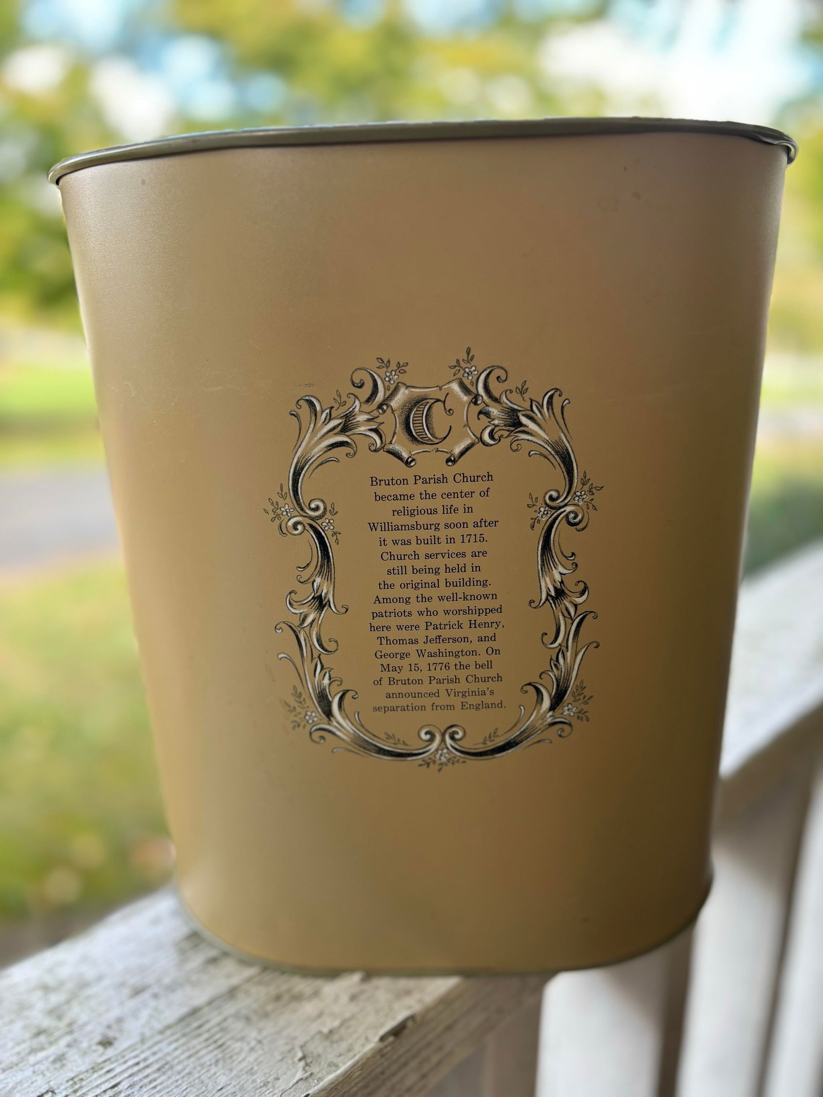 1950s Cheinco Metal Waste Paper Basket of Bruton Parish Church in Williamsburg Va Signed Robert F. S - 9