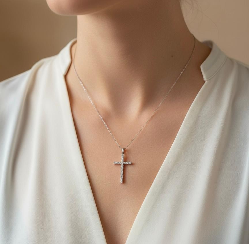 Thin Classic Diamond White 14k Gold Pendant for Her - 6