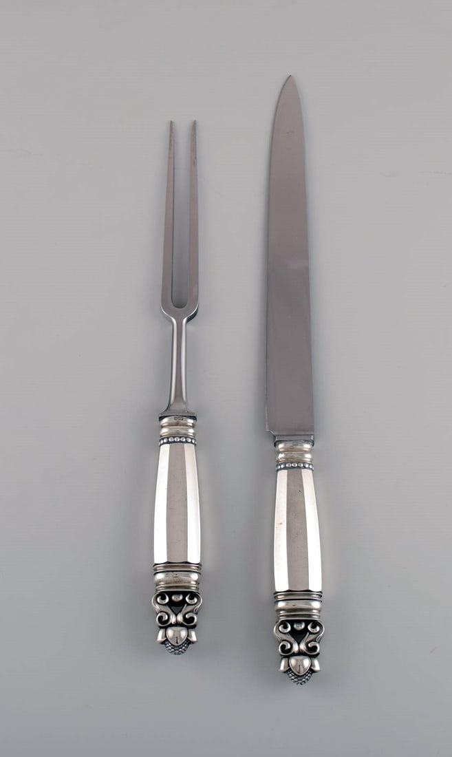 Large Georg Jensen Acorn carving set in sterling silver and stainless steel. (1 of 4)